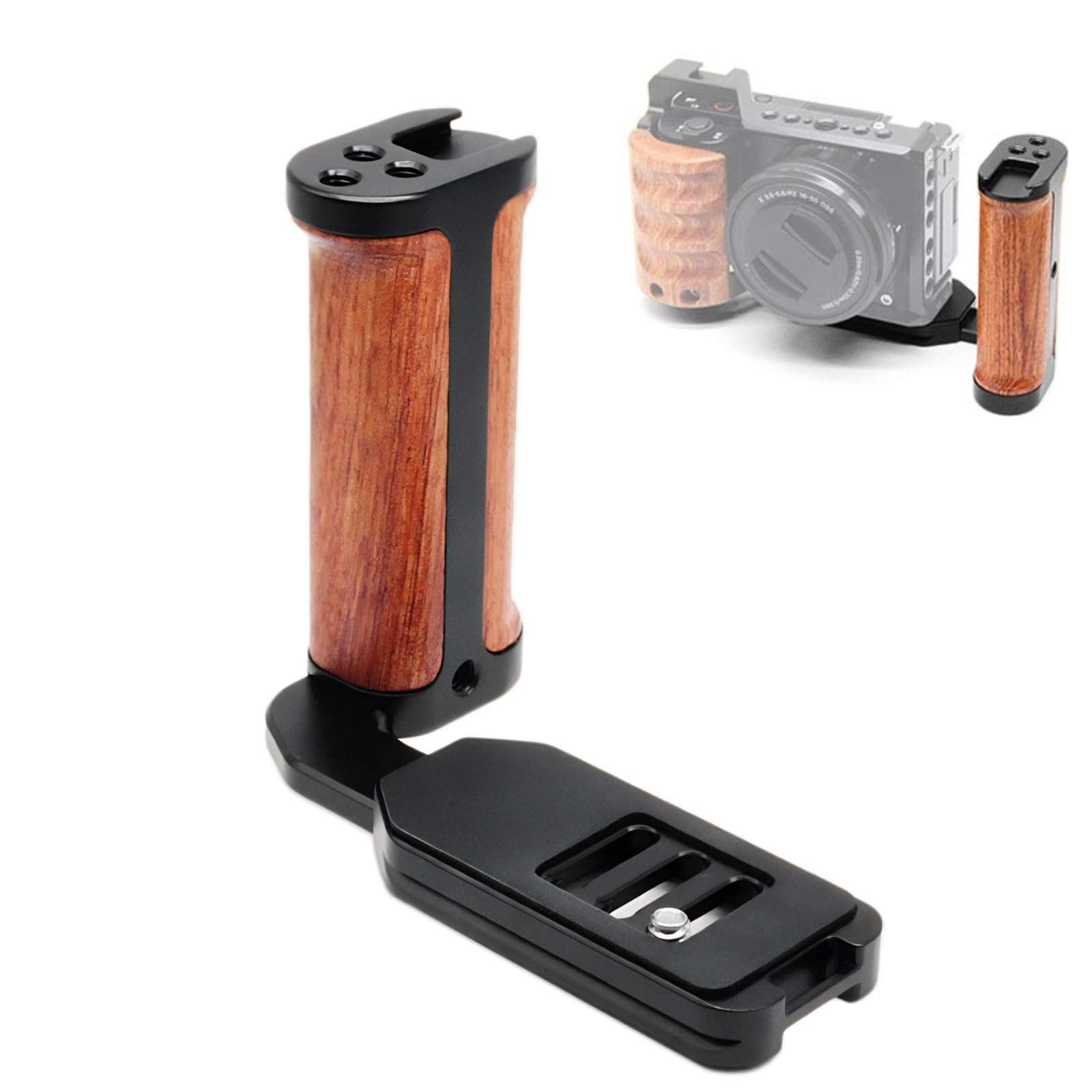 Camera Handle L Bracket, Single Camera Universal Side Handle, Aluminum Alloy Wood Handle Vertical Shooting L Plate Bracket with Cold Shoe for Microphone LED Light 1