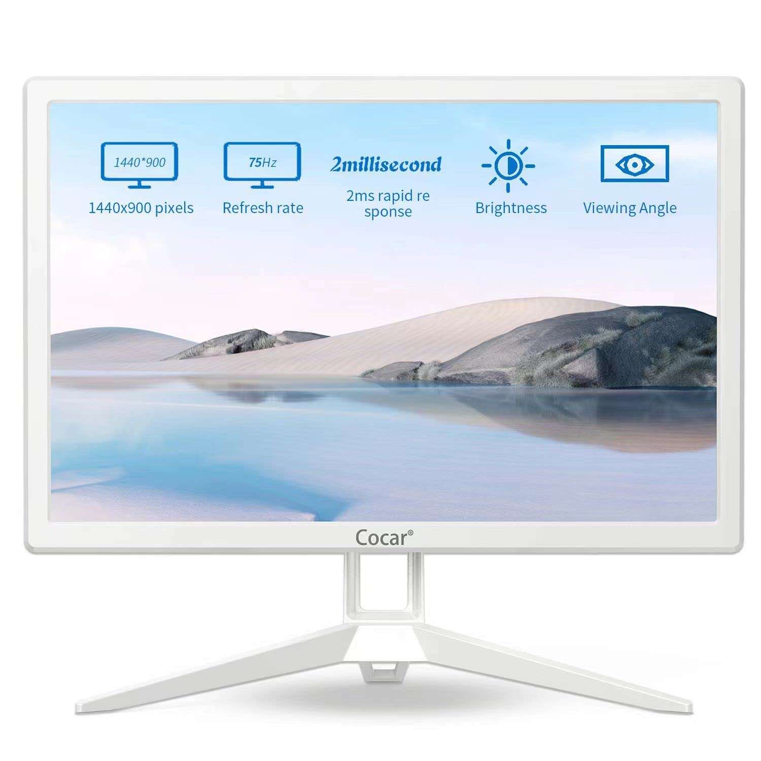 Cocar 19 inch PC Monitor, White Desktop Computer Monitor 75hz 2ms 1440x900 TN Panel VESA 100x100 HDMI VGA, 16:10 Built-in Speaker Computer Monitor Screen Display for PC PS3 PS4 Xbox Office 2