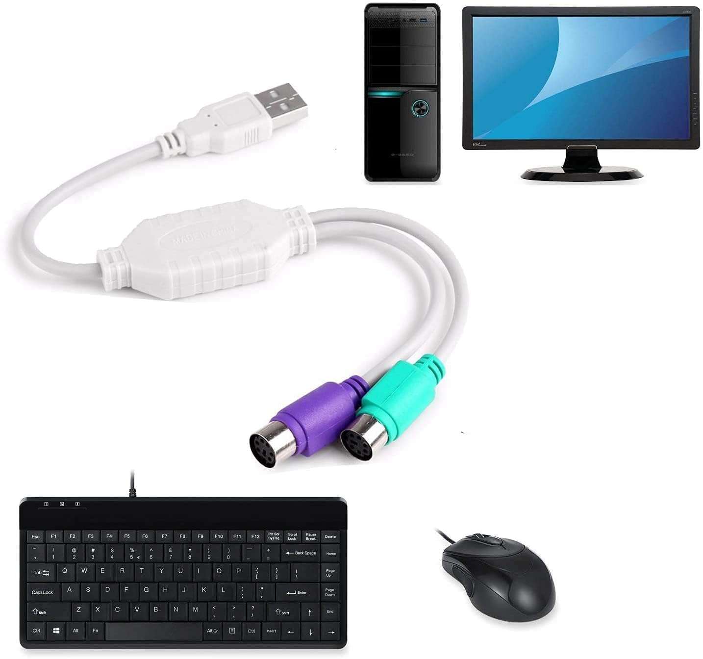 HITRIME USB to Dual PS/2 Female Converter Adapter, Type A Male, Compatible with PC/Laptop/Desktop, White 6