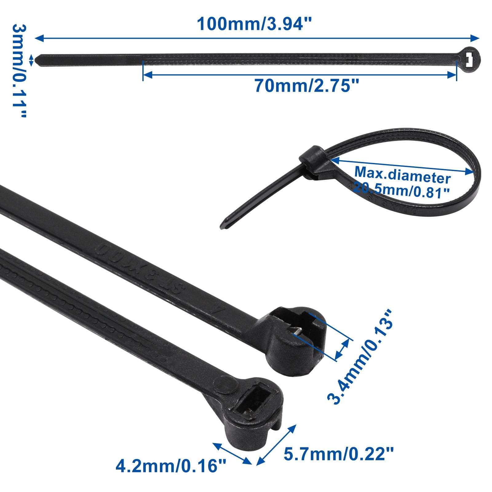 300pcs Push Mount Zip Ties, 4" Cable Zip Tie with Stainless Steel Metal Tooth Locking Device, Self Locking Straps Heavy Duty Nylon Zip Tie Clips for Industry, Auto, Construction, Electronic (4inch) 3