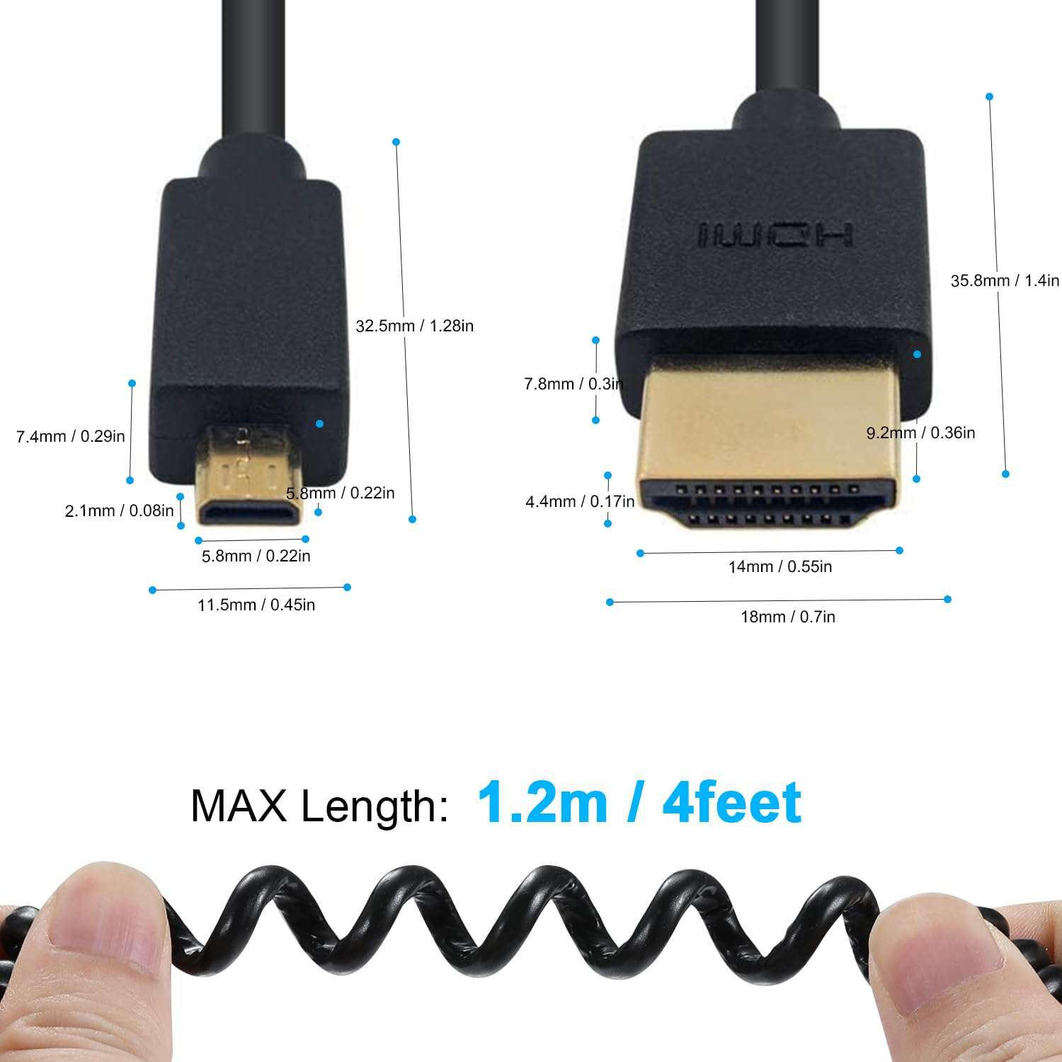 Duttek Micro HDMI to HDMI Coiled Cable 1FT-4FT, HDMI to Micro HDMI Adapter Cable Extreme Slim/Thin 4K, 3D for Camera, Raspberry Pi 5 4, GoPro Hero 7/6 3