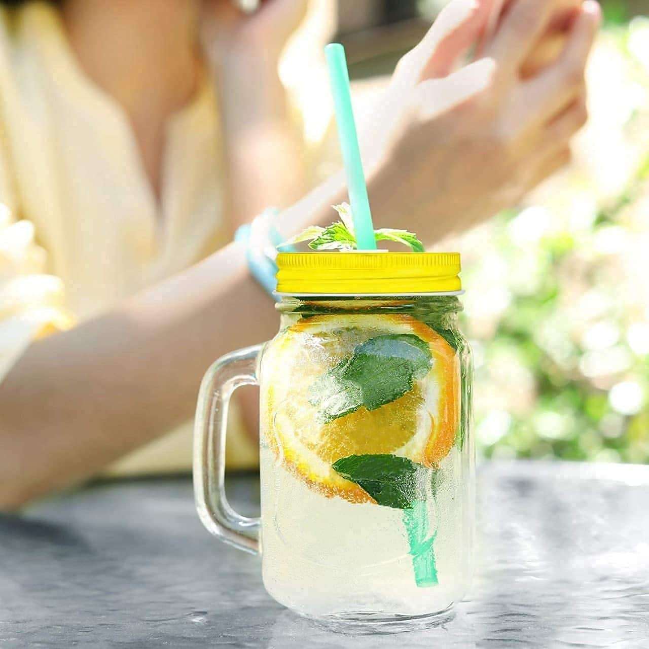 Evolluxi Glass Mason Jar with Multi-Color Air-Tight Lids with Straw Mugs with Handle, Regular Mouth for kitchen - 500 ML, Pack of (3) 5