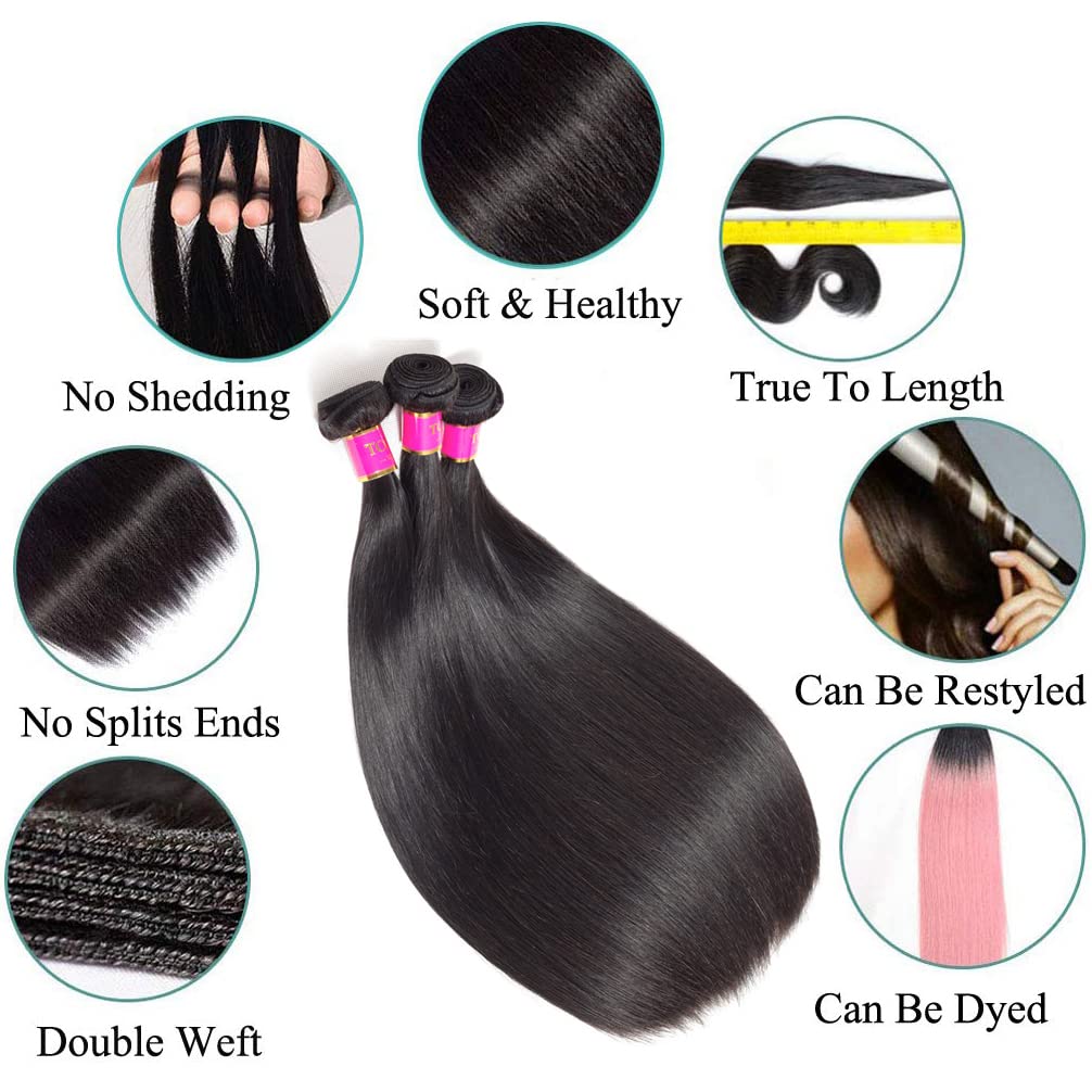 Straight Human Hair Bundles Brazilian Virgin Hair 100% Human Hair 3 Bundles (16''18''18'')10A Remy Hair Bundles Natural Colour Unprocessed Weave Bundles Human Hair Straight Hair Extensions 3