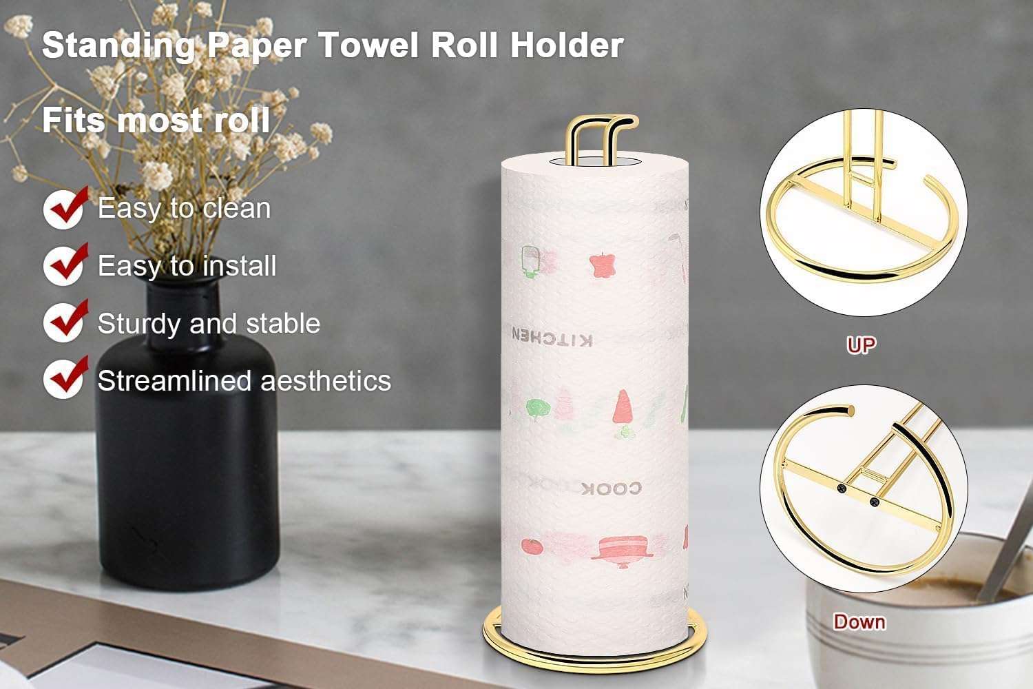 WOOD ART STORE Paper Towel Holder Countertop, Sturdy Paper Towel Stand Dispenser-All Metal, Standard Size for Table Countertop, Farmhouse, Living Room (Golden Finish) 5