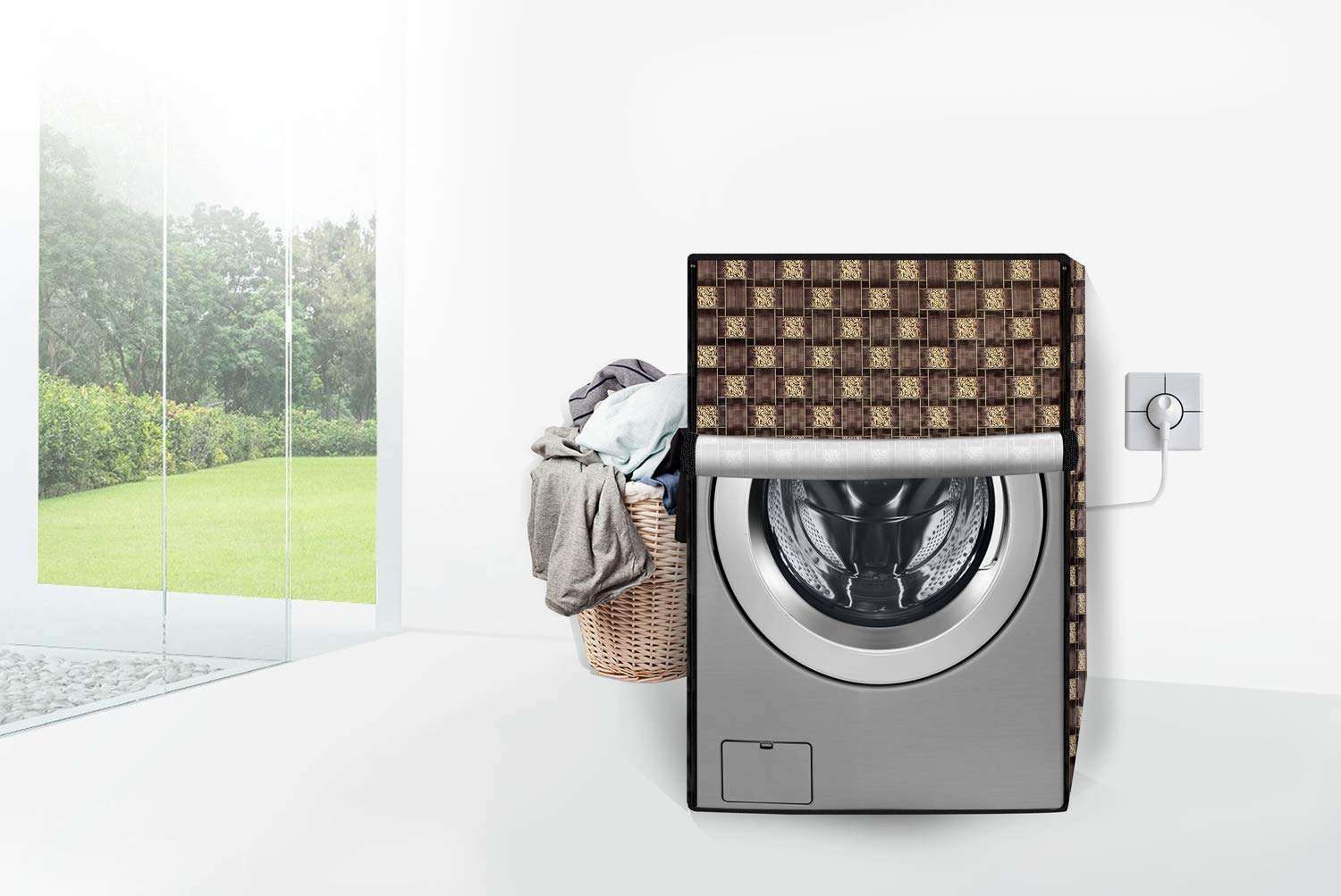 Stylista Washing Machine Cover Compatible for LG 7 kg FH0G7QDNL02 Front Load Traditional Checkered Pattern Brown 3
