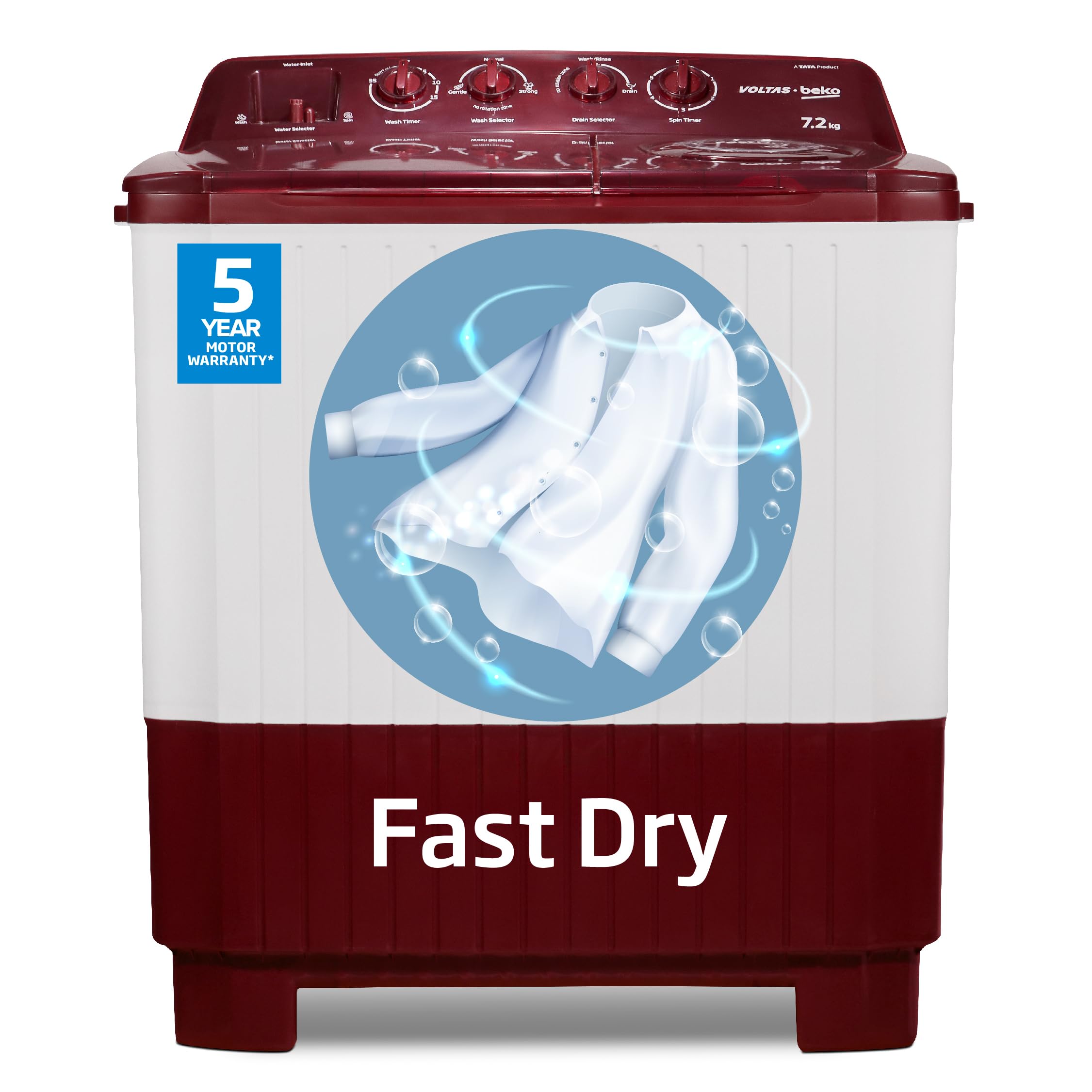 Voltas beko, A Tata Product 7.2 Kg Semi-Automatic Top Load Washing Machine, (WTT72, Burgundy, 2023 Model, Fast Dry) 1