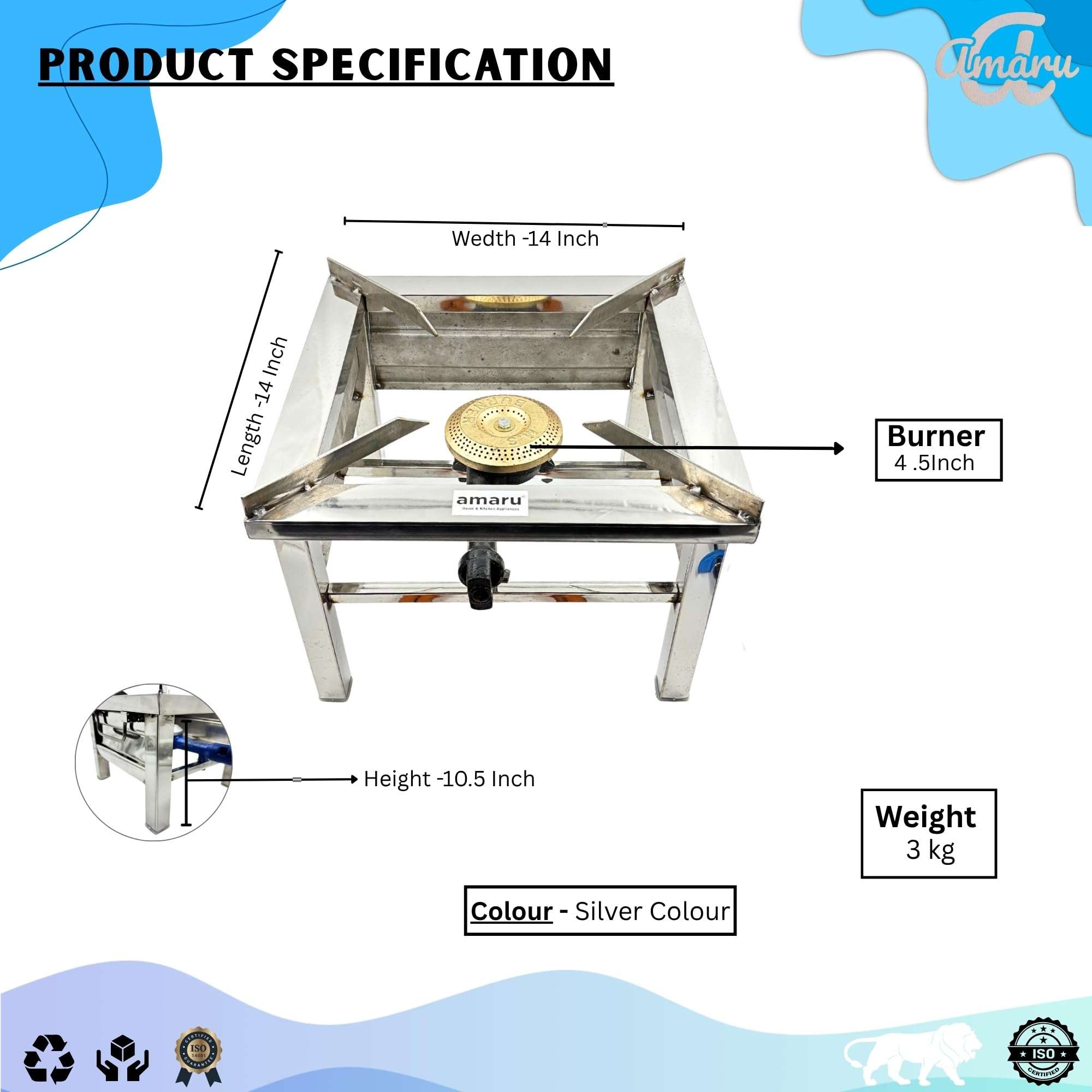 Amaru Single Burner Stainless Steel Square Chulha Canteen Bhatti Commercial Gas Stove - Silver, Manual (Large-14Lx14Wx10.5H) 3