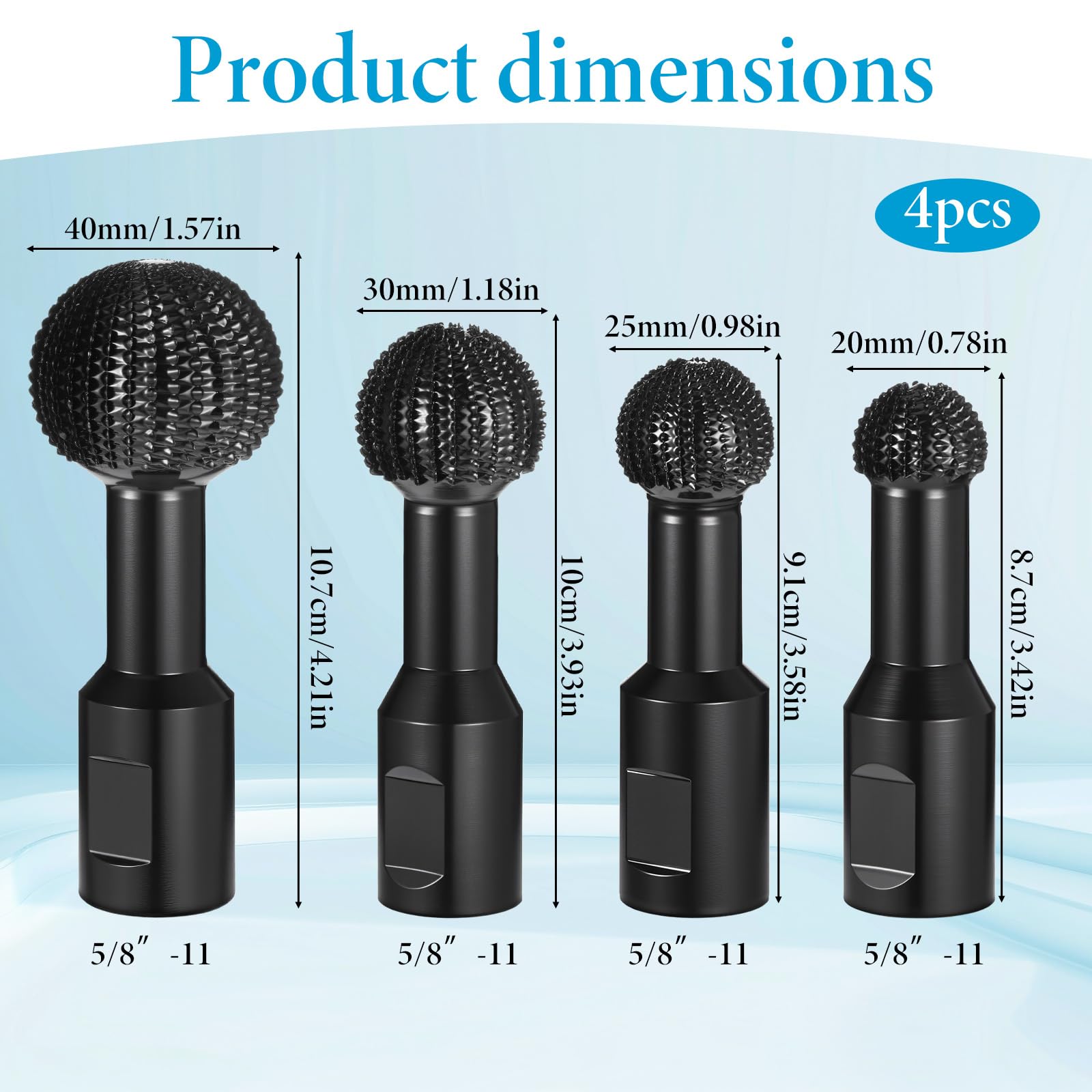4 Pcs Sphere Rotary Burr Set, Ball Gouge Angle Grinder Attachments, Ball Gouge for Angle Grinder, Spherical Grinding Head Wood Carving Burrs for, Slotting, Engraving,Polishing (Black, 5/8-11 Threads) 3