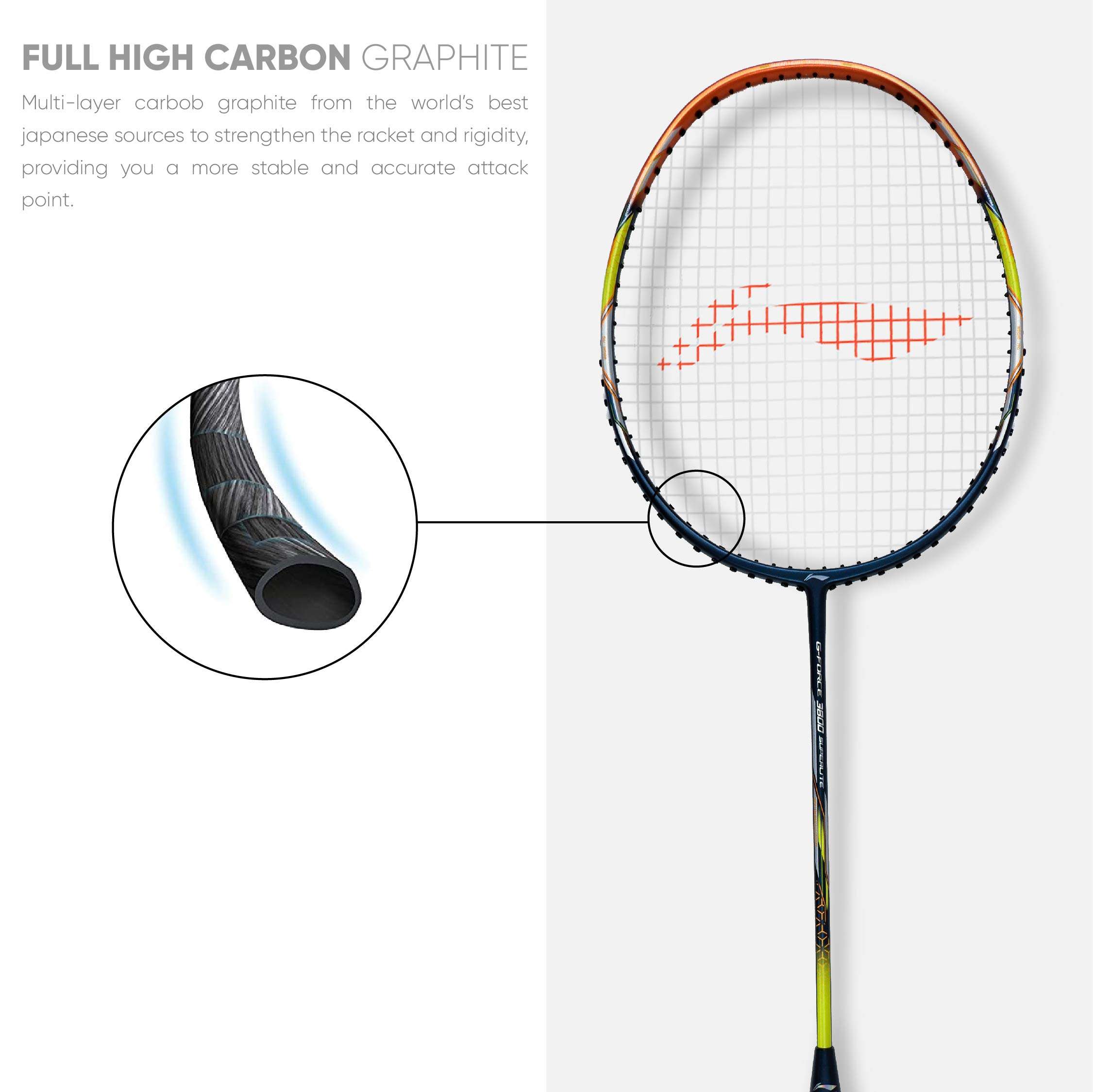 Li-Ning G - Force 3800 Superlite Carbon Fibre Strung Badminton Racket with Full Racket Cover (Navy/Copper) | For Intermediate Players | 79 grams | Maximum String Tension - 32lbs 5