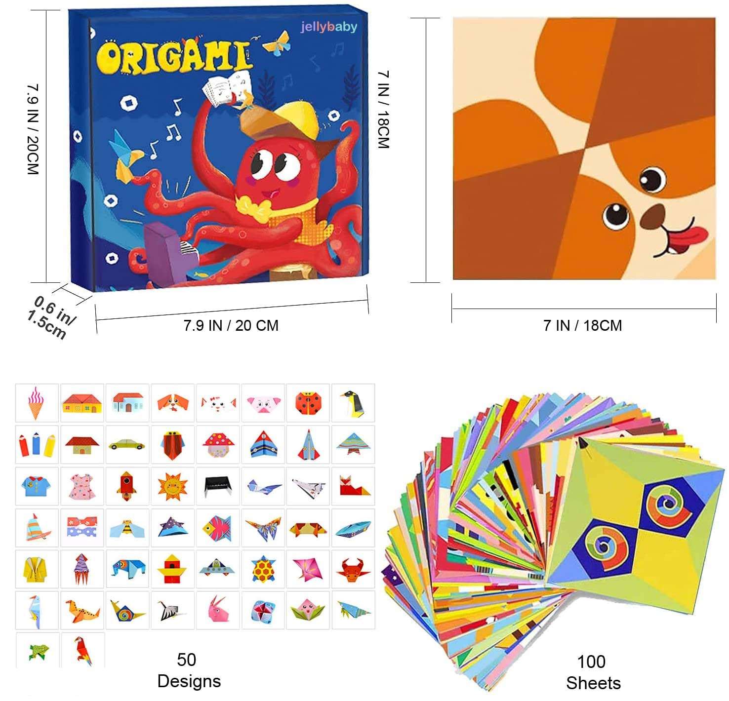 JELLYBABY 100 Pieces 50 Projects Origami Sheets, 3D Origami Paper With Guiding Book, Paper Size:7 In /18Cm *7 In /18Cm, Art Activity, Craft Materials,Multicolor 3