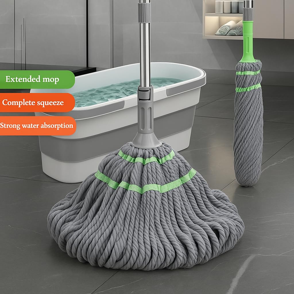 Self-Wringing Microfibre Twist Mop with Stainless Steel Handle, Grey and Green, Hands-Free Cleaning 6