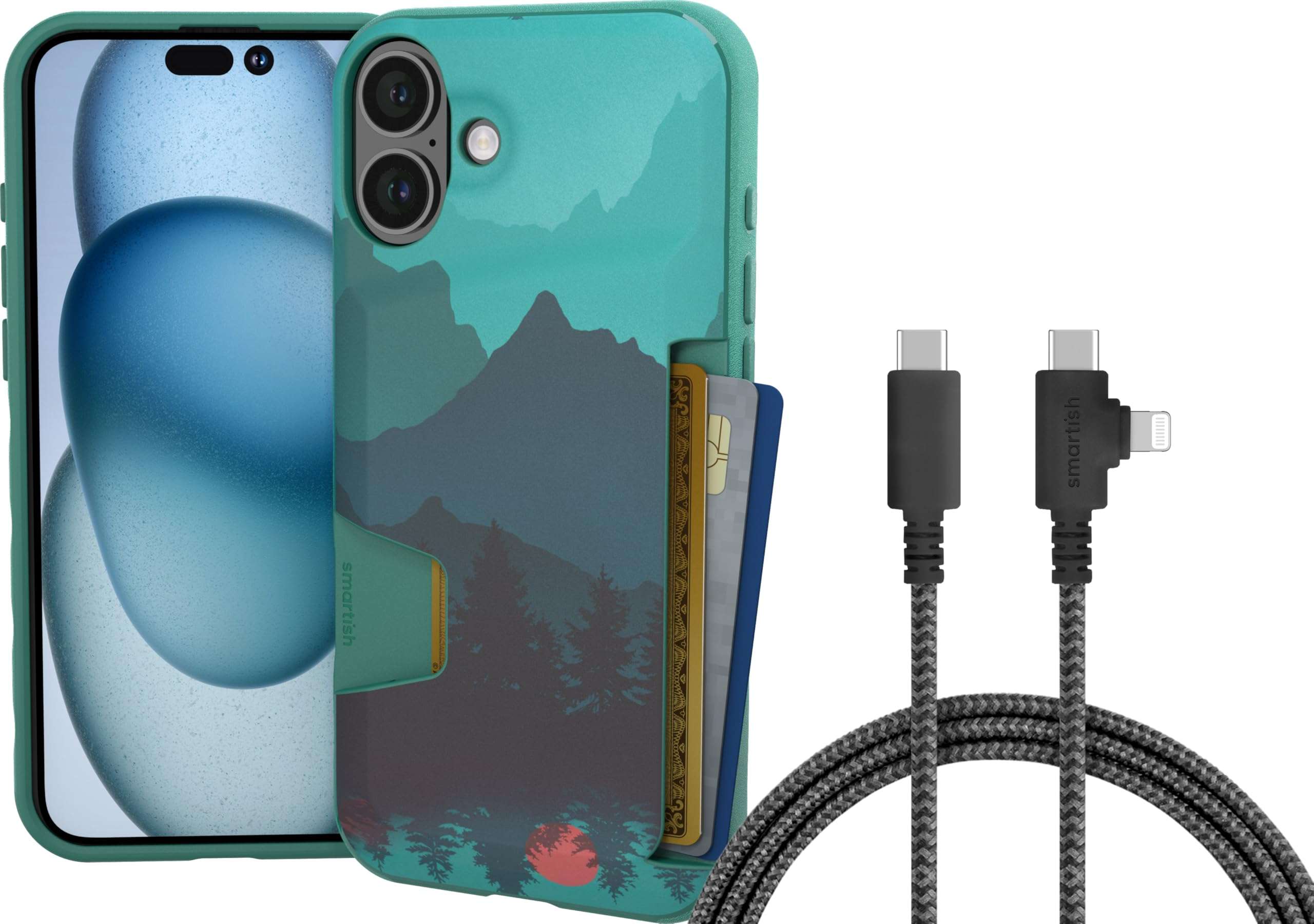 Smartish iPhone 16 Plus Wallet Case + USB C Lightning Cable Combo - 6 Foot Fabric Wrapped Fast Charging Cable + Hidden Card Slot Cover Compatible with Apple iPhone 16 Plus 1
