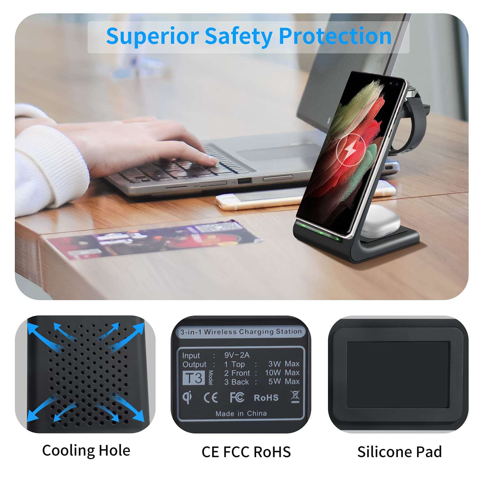 YOCUNKER Wireless Charger,3 in 1 Charging Station Dock for Watch 5/4/3/2/Active 2/1/Gear S3, S22 Ultra/S21/S20/S10/Note 20/Z Flip 4/Z Fold 4/3, Buds+/Pro/Live Black 6