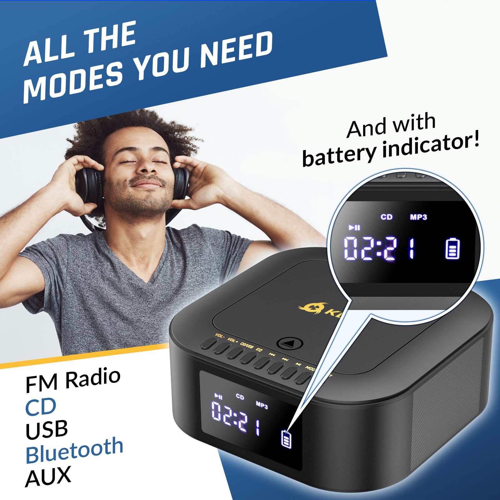 KLIM Boombox E1 – Portable CD Player with Subwoofer – Extra Bass, Bluetooth, FM Radio, USB, AUX, MP3 – Rechargeable Battery, Wired & Wireless Modes, Remote Control – Black/Gold 4