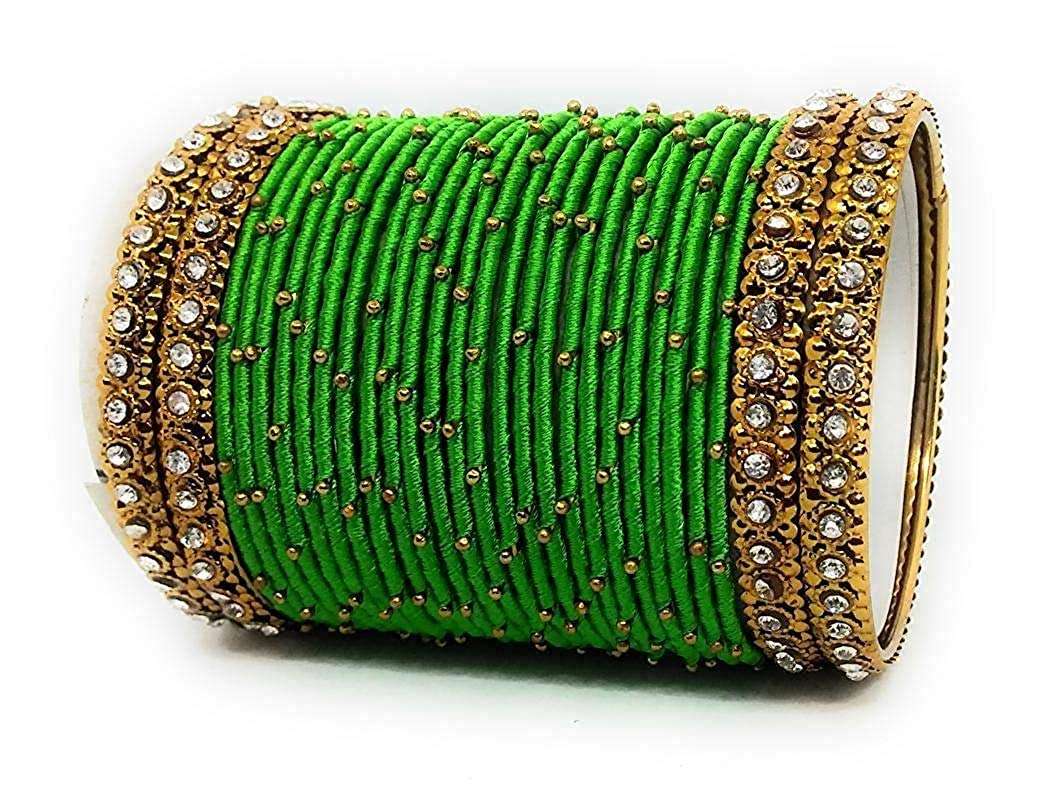 Oneness Handmade Silk Thread Metal Bangle Traditional Bridal Jwellery With Zircon Stone Work (Bridal Chuda/Wedding Chuda) For Women And Girls - (Set Of 28)_Green_2.6 1