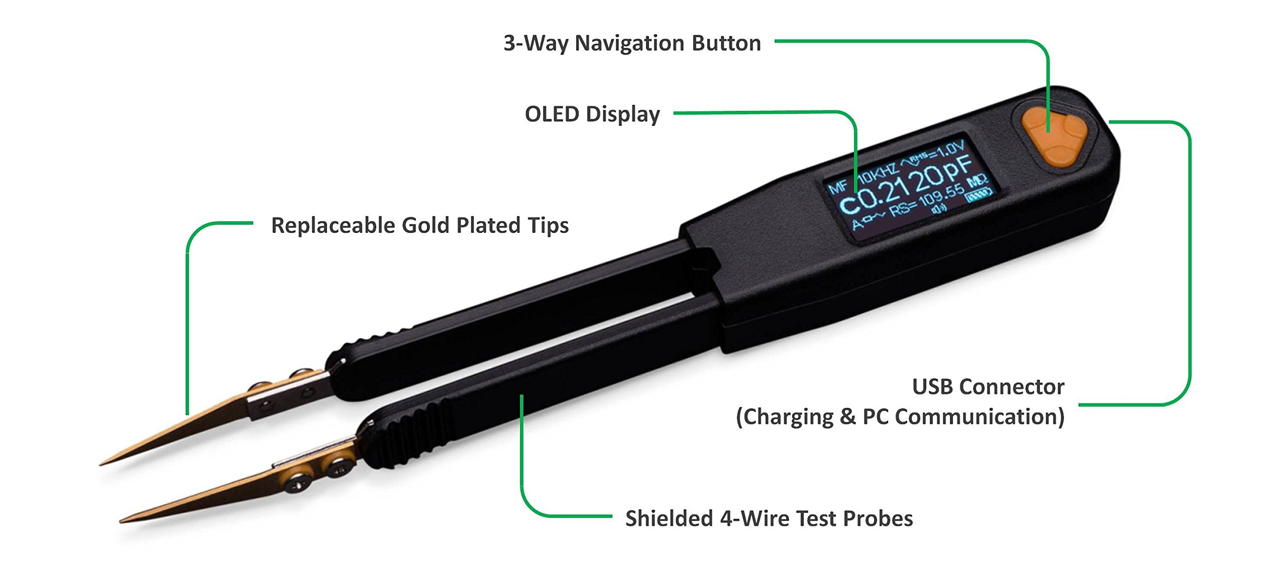 LCR Research Pro1 Plus - 100KHz LCR Meter with 0.1% Accuracy/LED Tester/ESR Meter/Smart SMD Tweezers/with Spare Test Tips 3