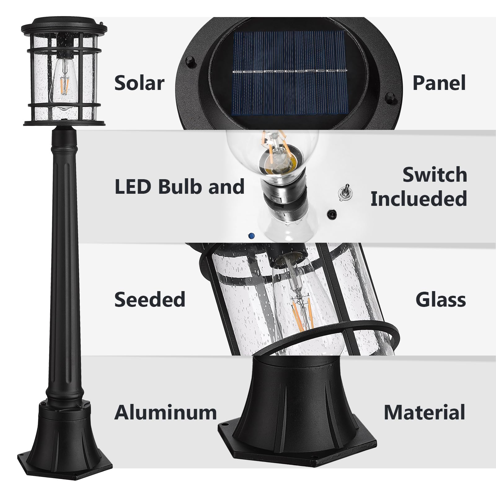 Emliviar Solar Pathway Lights Outdoor, Dusk to Dawn Walkway Light with Remote Control, Pole Light with Seeded Glass in Black Finish, LED Bulb Included, XE229PL-SL BK 6