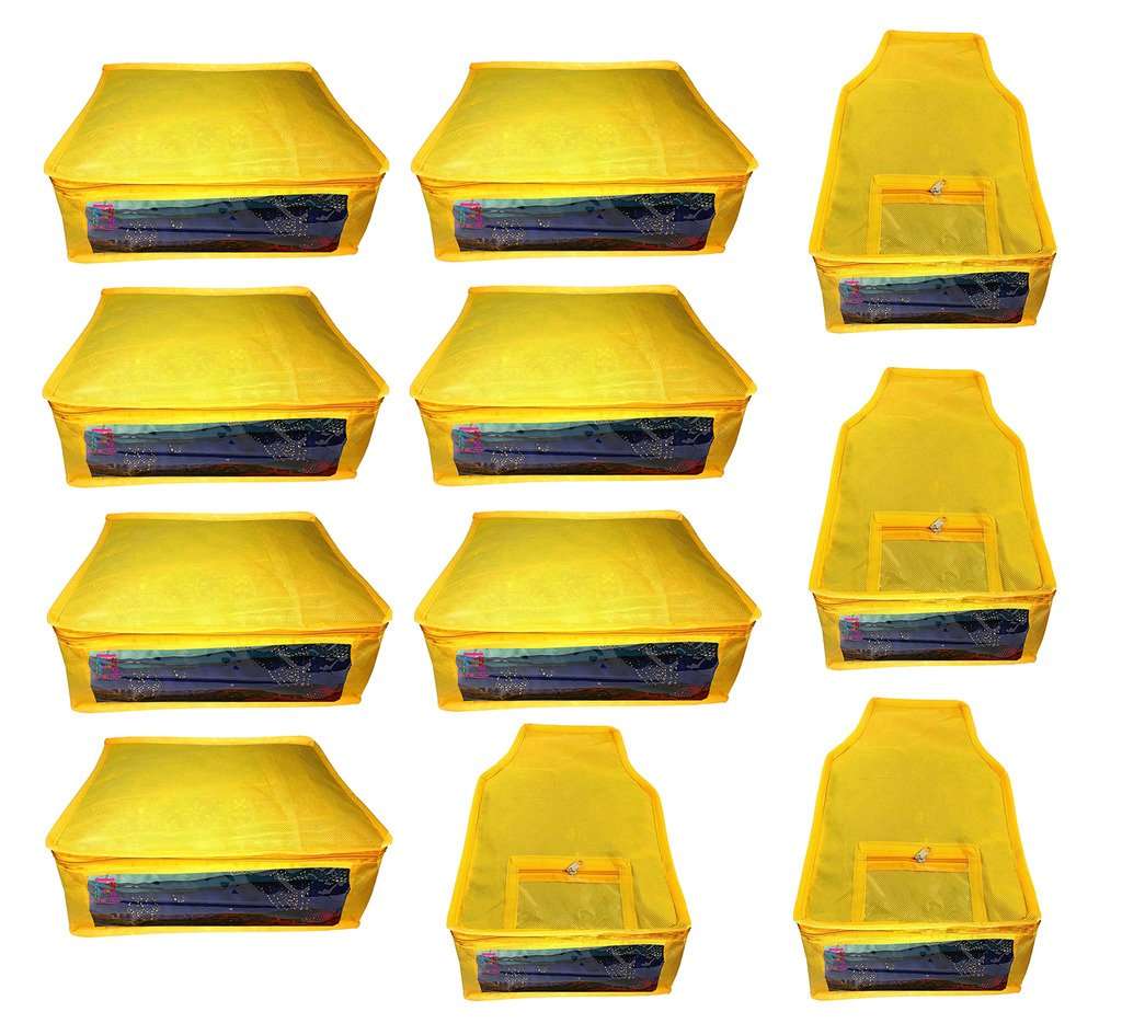Atorakushon Fabric Combo Saree Cover Blouse Clothes Storage Bag Wedding Wardrobe Organiser Set of 11 (Yellow) 1