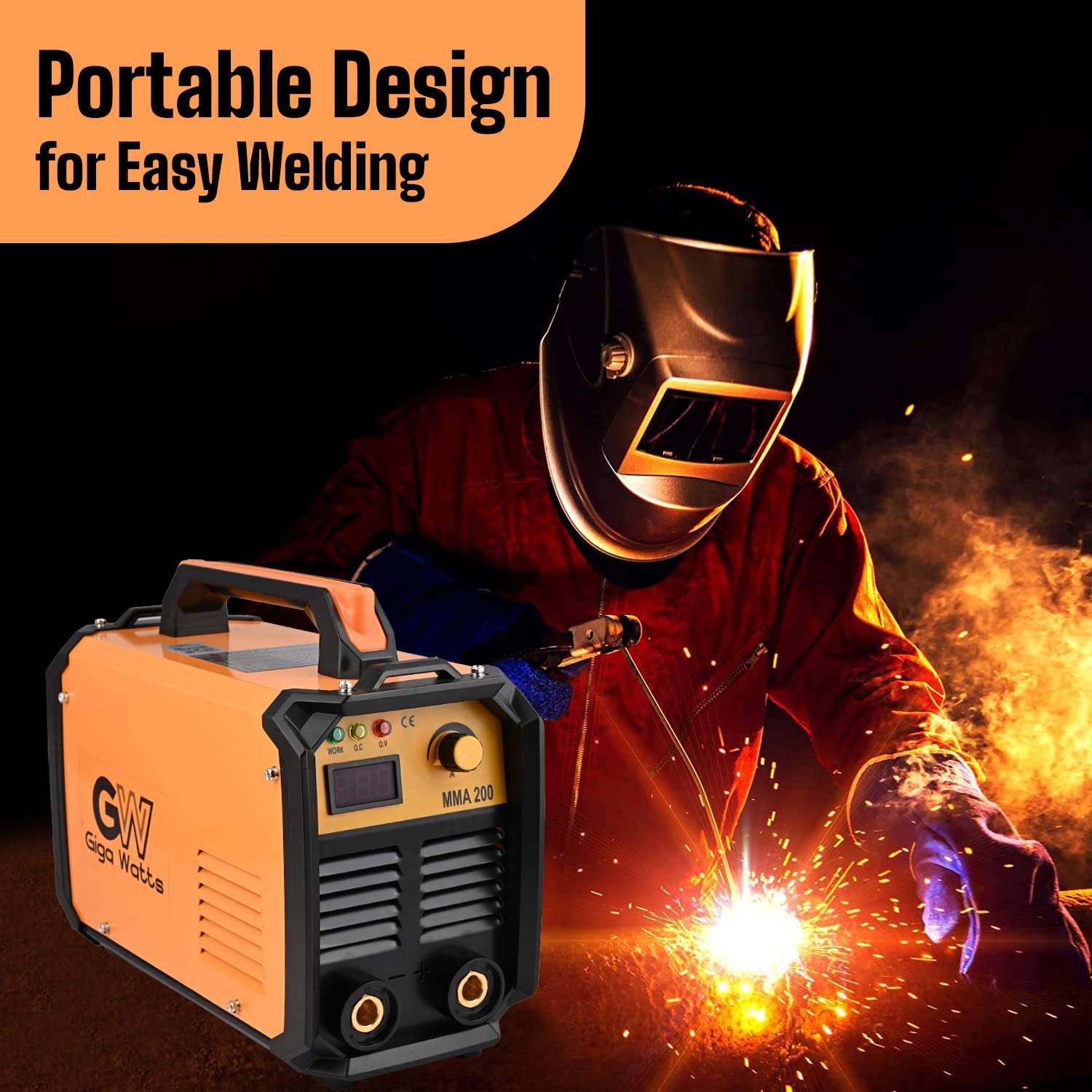 GIGAWATTS XLNT 200A O SIBIT Display Welding Machine Portable, Compact Design Welder, Anti-Stick Welder With Joint Quick Connectors, Plug Adapter & Socket (Orange & Black) 5