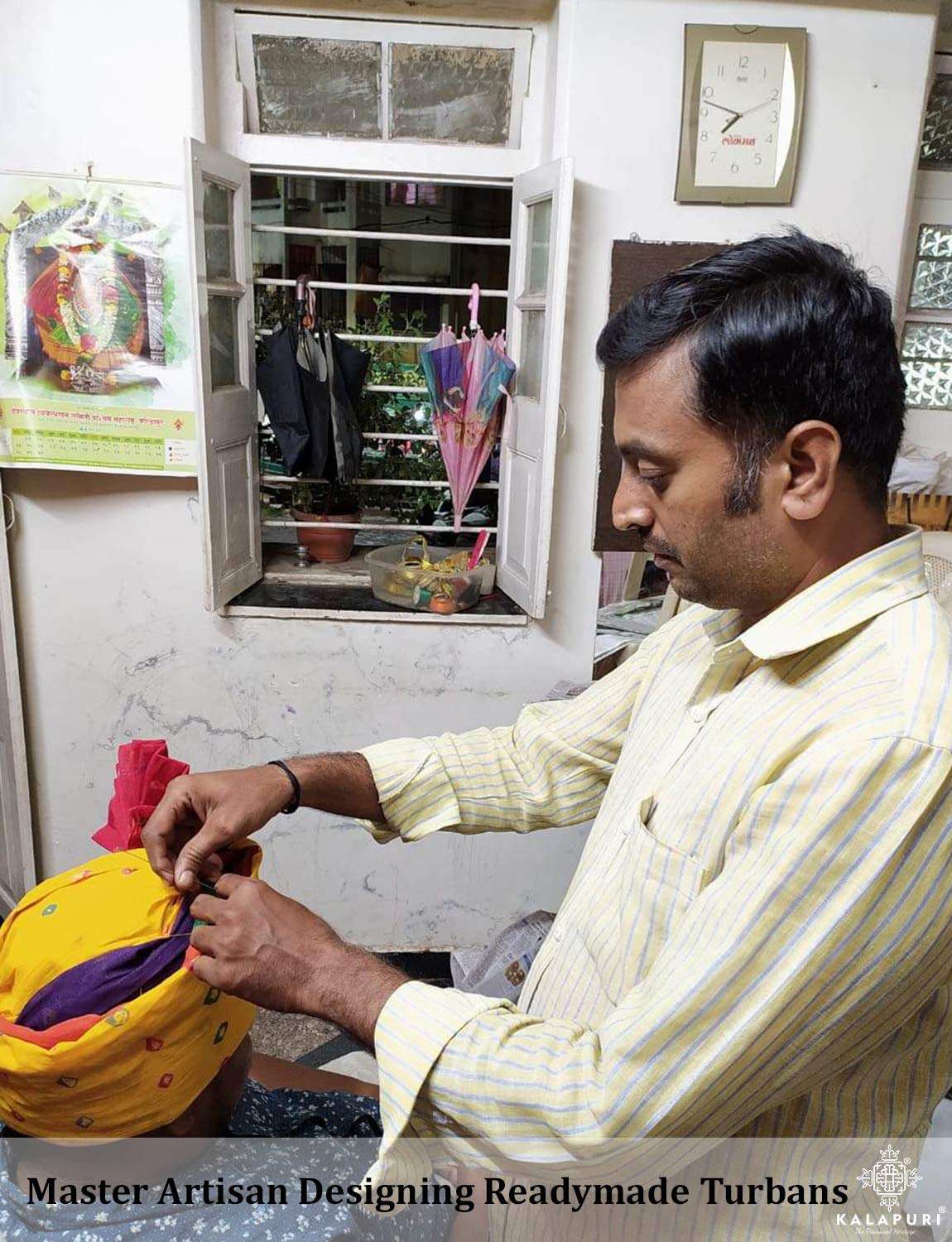 KALAPURI Traditional Handstitched Ready to Wear Khadi Print Roto Jari Orange Pheta (Turban Safa) for Men for Wedding/Marriage and Traditional Function 6