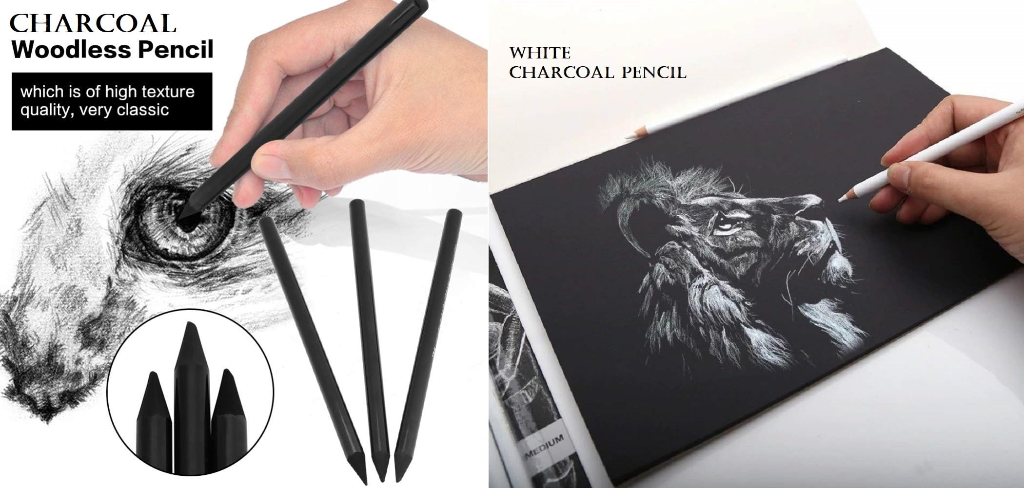 ChiggiWiggi 12 Pcs Professional Art Soft Pastel Pencils Colors Set For Artist Drawing Coloring, 3 Pcs White Medium Charcoal Pencil and 3 Pcs Black Woodless Charcoal Pencils- Soft Medium & Hard 5