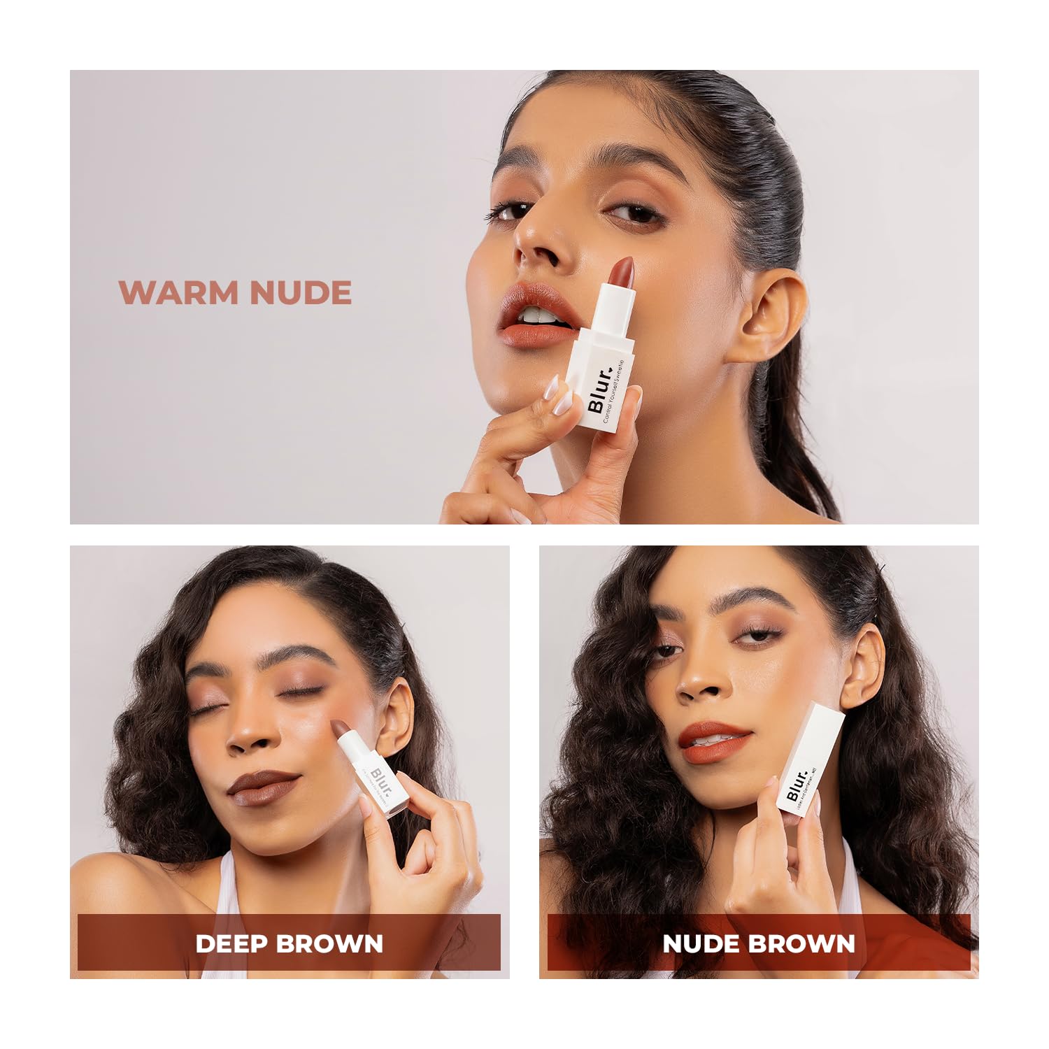 Blur India BLURsticks Set of 3 Nude Lipsticks|Warm Nude, Nude Brown, Deep Brown| All In One - Lipshade, Contour, Blush, & Eyeshadow|Super-Moisturizing, Hydrating, Long-Lasting Velvet Mattes|20 ml each 3