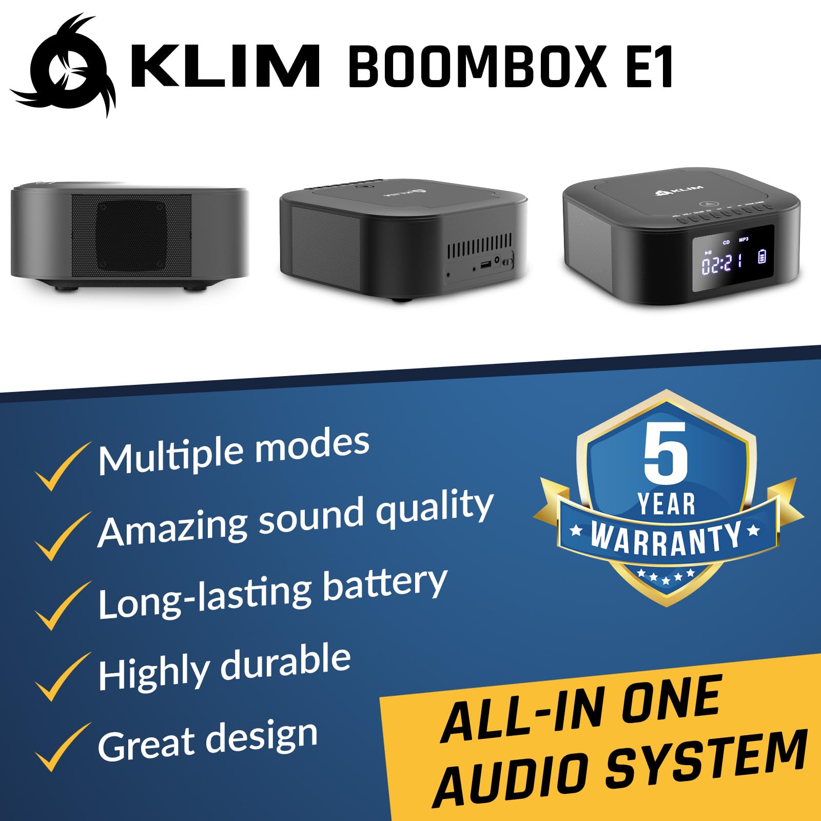 KLIM Boombox E1 – Portable CD Player with Subwoofer – Extra Bass, Bluetooth, FM Radio, USB, AUX, MP3 – Rechargeable Battery, Wired & Wireless Modes, Remote Control – Black/Silver 3