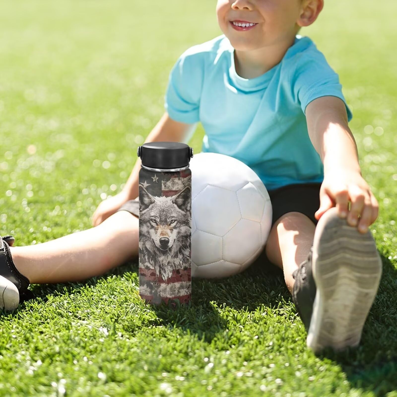 Dolyues Kids Insulated Water Bottle Wolf with American Flag 20oz Stainless Steel Water Bottle Leak-proof Double Wall Vacuum Water Flask for School Gifts for Boys 6