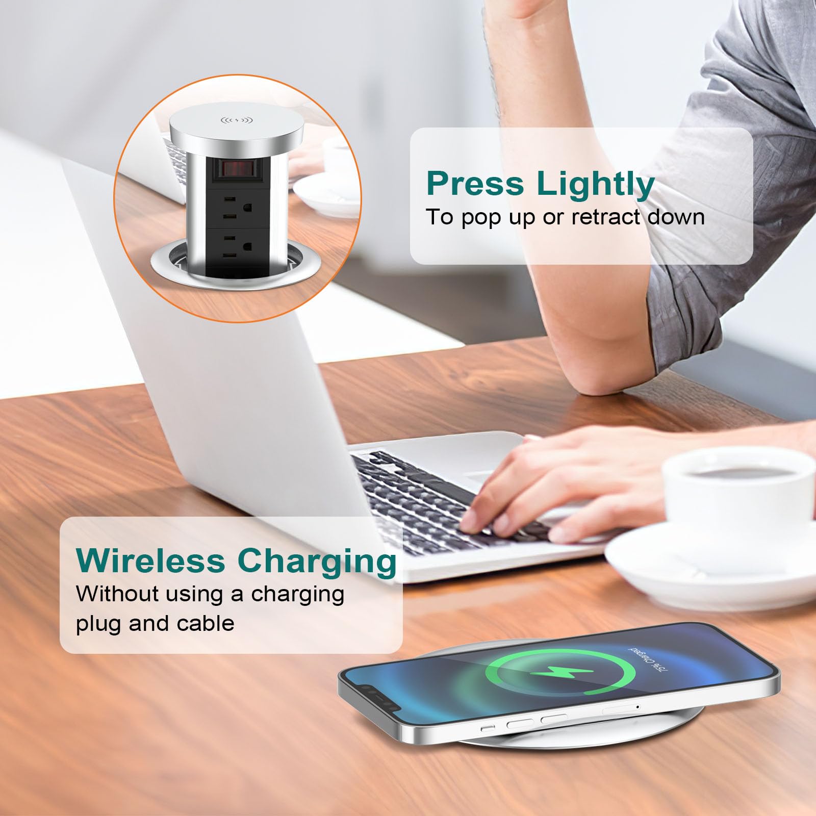 Automatic Pop Up Power Outlet, Popup Wireless Charging Station with 3AC Plugs + 2 USB, Pop up Electrical Outlets for Countertops, Recessed Hidden Outlet for Kitchen Island Conference (Silver White) 3