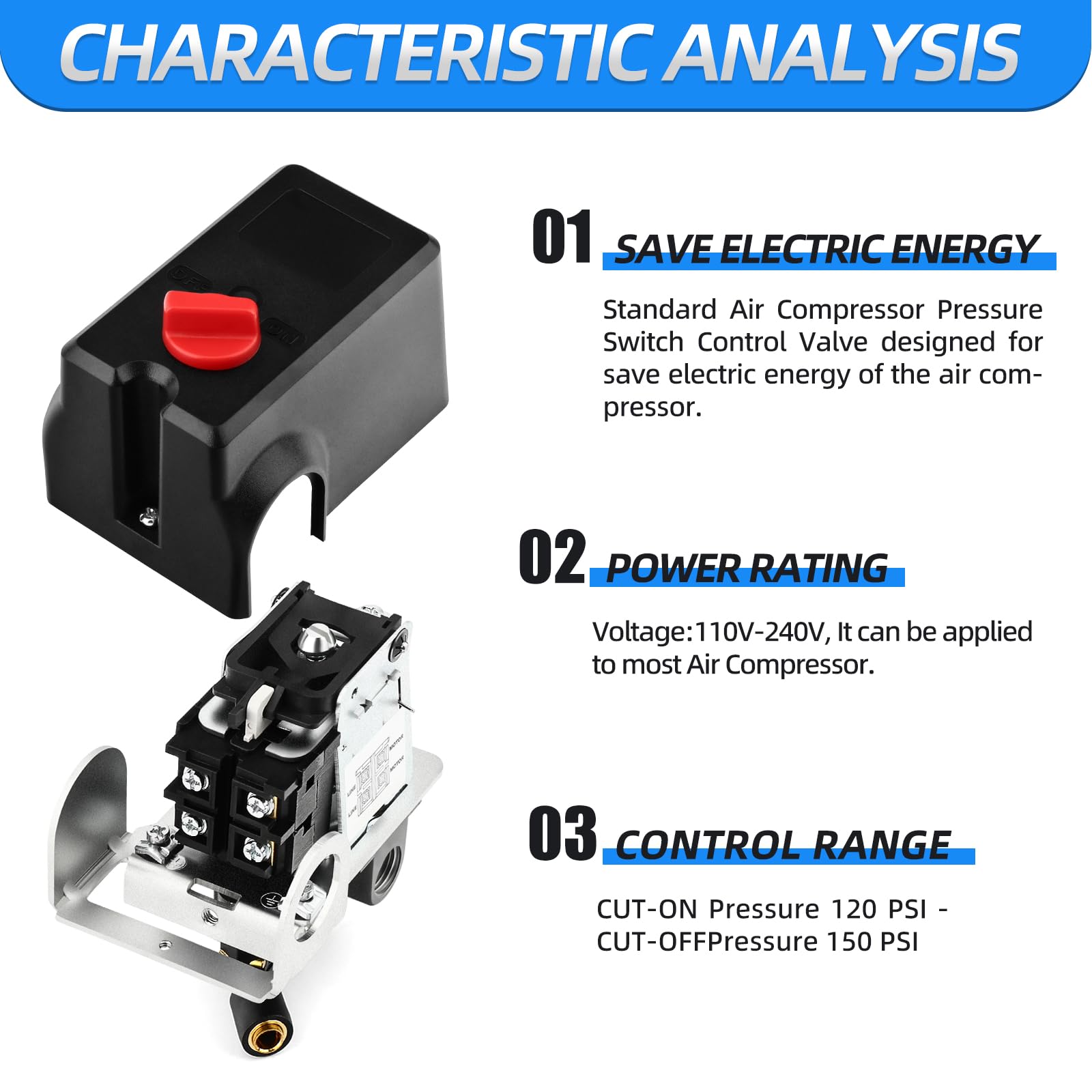 MEANLIN MEASURE Air Compressor Pressure Switch Control Valve 120-155 PSI 110V-240V 4-way Lateral Port Replacement Parts With 0-200 Psi Pressure gauge and Safety Pressure Relief Valve 4