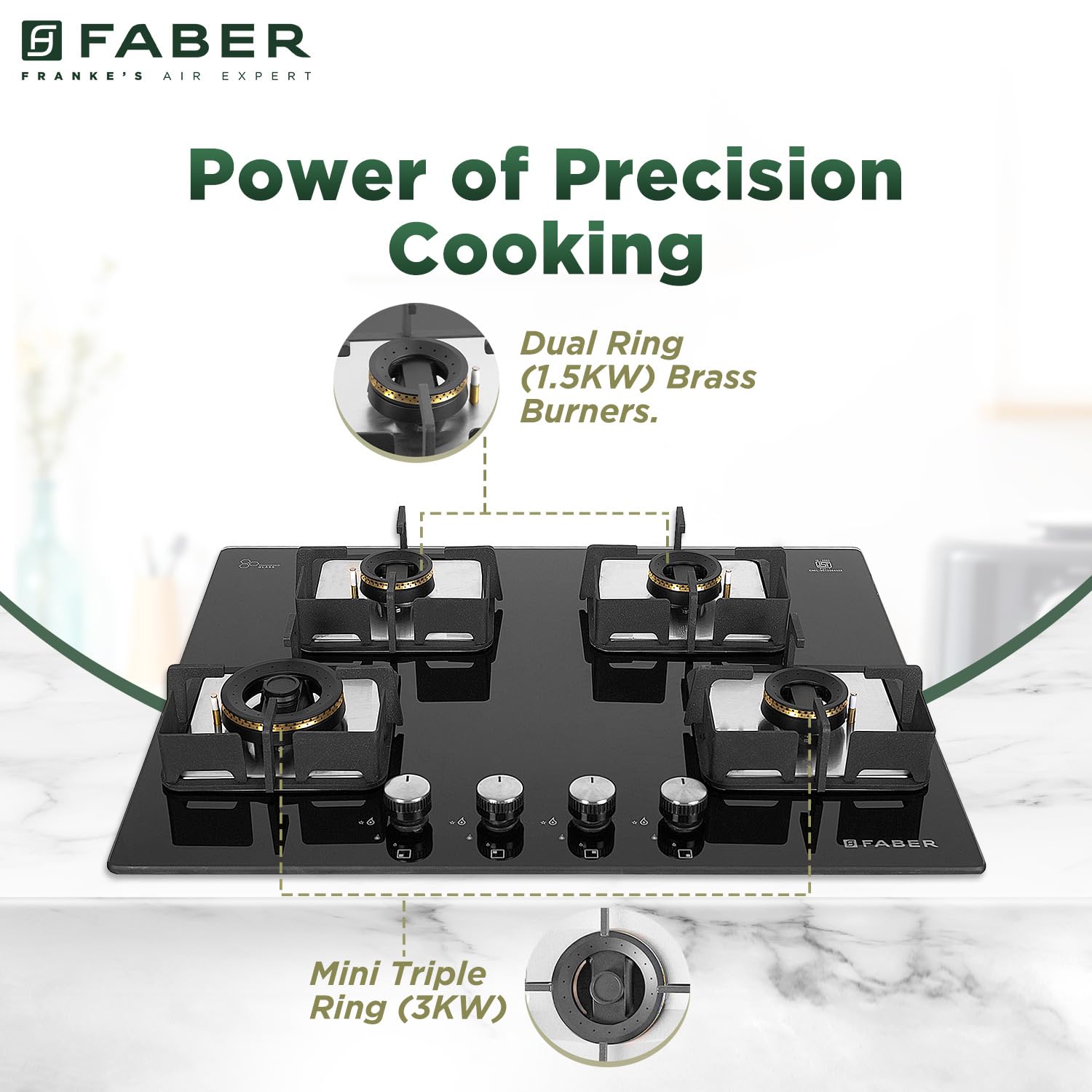 Faber 4 Burner HCT 65 cm Hob| Brass Burners| Bakelite Knobs| Cast Iron Pan Support | Hob/Cooktop Hybrid Toughened Glass |Auto Ignition| 2 Yrs Comprehensive Warranty by Faber| HCT 654 CRR LBK EI AI 5