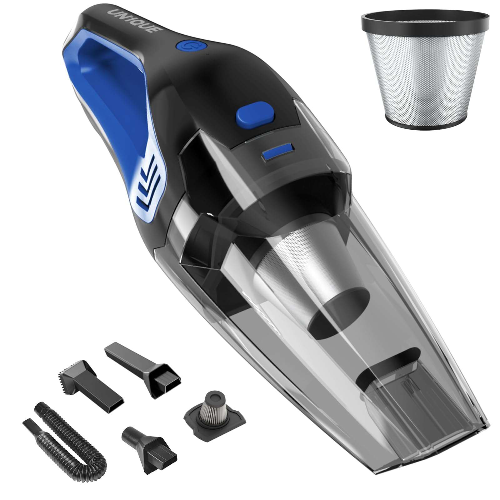 UN1QUE Cordless Car Vacuum Cleaner 2 in 1, 8000Pa Powerful Suction Portable Handheld Vacuum Cleaner for Home and Car with Steel Mesh Filter, 650ML Dustbin, 4 Nozzles, USB Rechargeable (Blue) 1