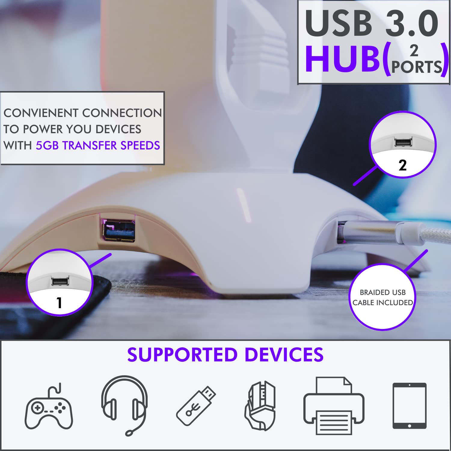 Tilted Nation Gaming Headphone Stand | RGB Headset Stand White | Headset Holder for Desk with Mouse Bungee and USB Hub | The Ultimate Gaming Accessories for Gamers for PS5, Xbox, PC - White 5