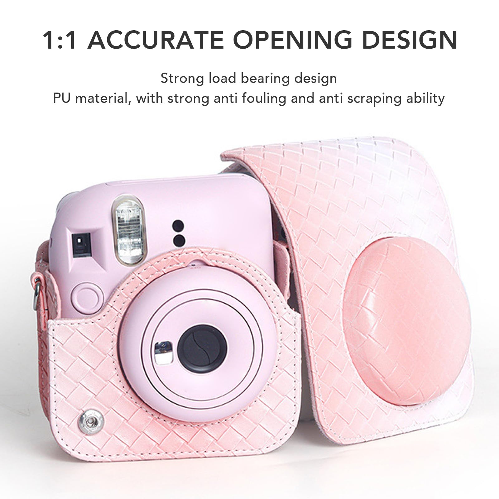 Case for Fujifilm Instax Mini 12, Rainbow Gradient Woven Texture Camera Bag with Shoulder Strap, Rain Proof Shockproof PU Leather Camera Protective Case, Gifts for Girls (Pink) 3