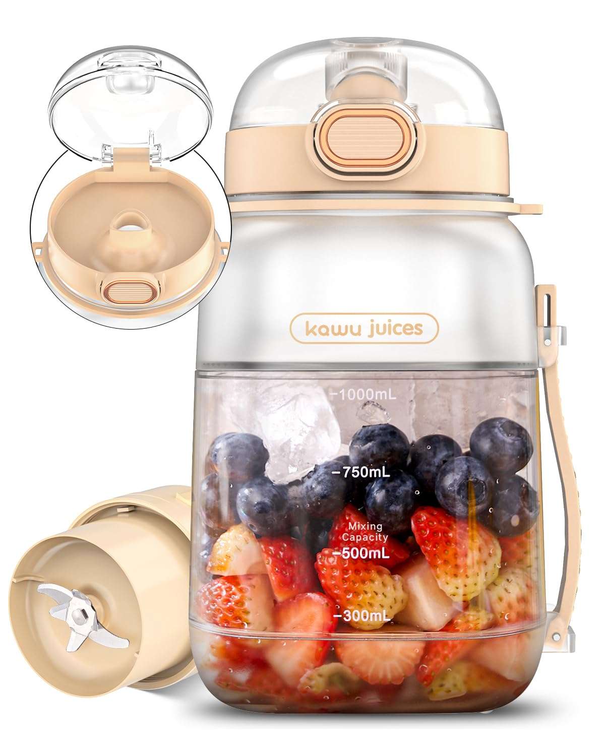 kawu Portable Blender, Portable Smoothie Blender On the Go, No-BPA, Portable Blenders for Shakes and Smoothies Leakproof-Lid and Sip Spout, USB-C Rechargeable, Recipes, with Handle/Strap, White 1