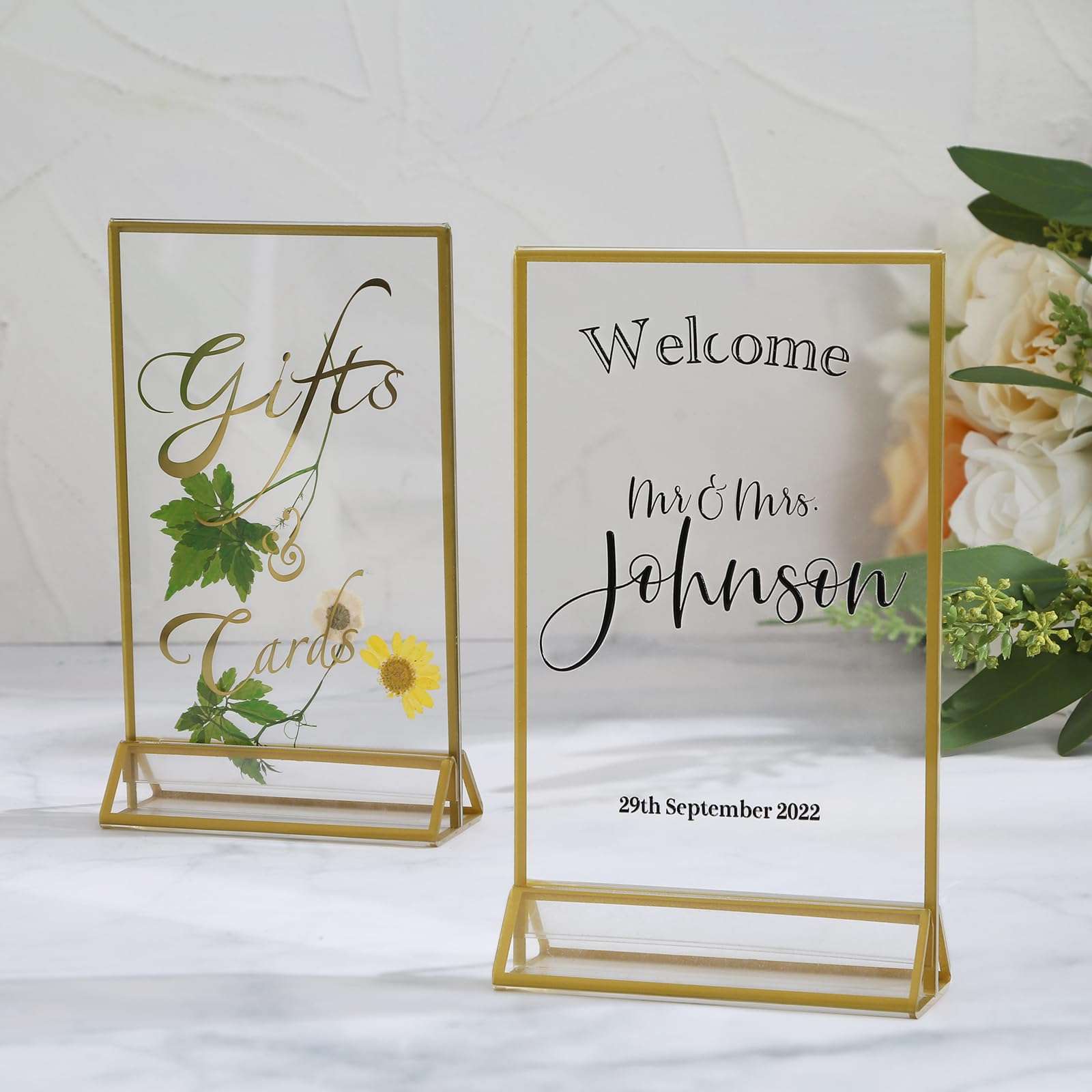 UNIQOOO Acrylic Sign Holders with Gold Border, Pack of 12 | 4x6 Double Sided Clear Frame | Perfect for Wedding Table Numbers, Photo Display, Restaurant Menu Food Sign, Promotion Ad 4