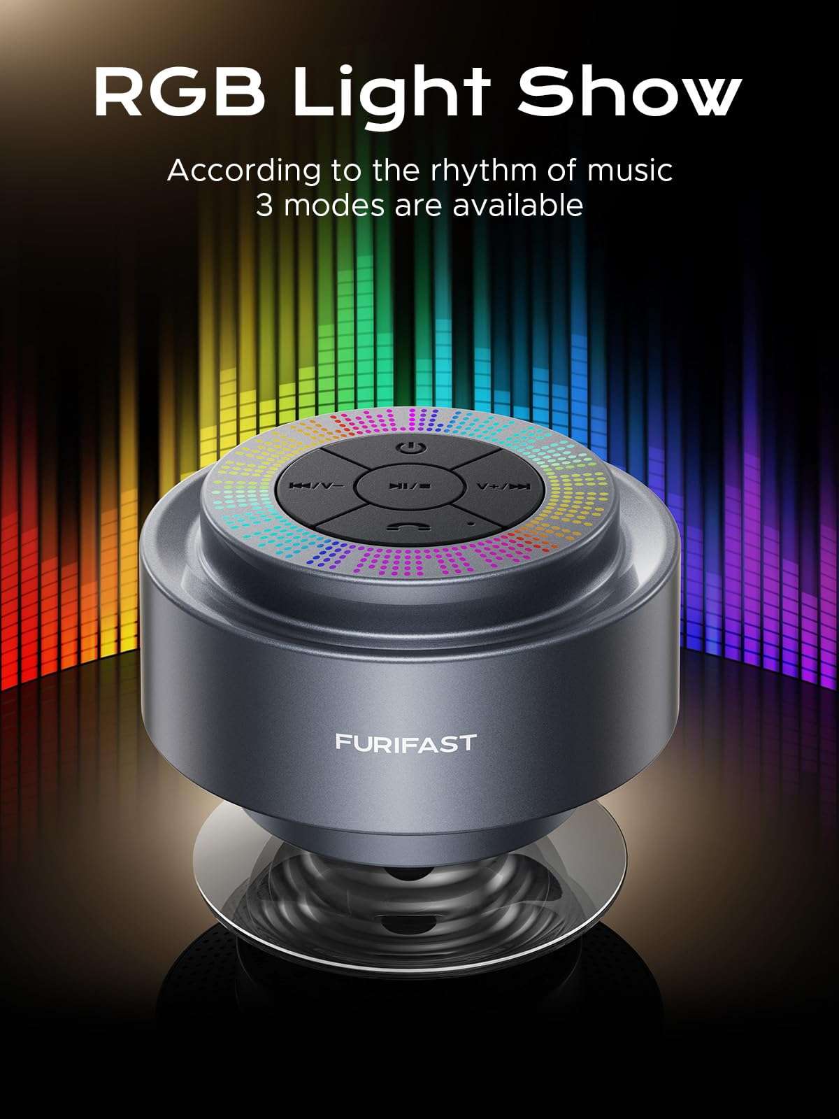 Certified IP67 Waterproof Bluetooth 5.3 Shower Speaker, FuriFast Suction Cup Mini Bluetooth Shower Radio with Mic for Bathroom, Dynamic LED Lights and Dual Stereo Pairing, Space Grey 3