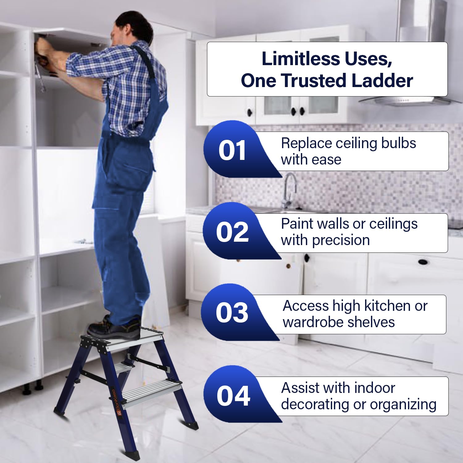 BonKaso Aluminium 2 Step Ladder | Folding Step Stool for Home, Kitchen, Office & Library | Lightweight Ladder | Anti-Slip Wide Pedal Step Stool (Blue - 59h x 42w CMs) 4