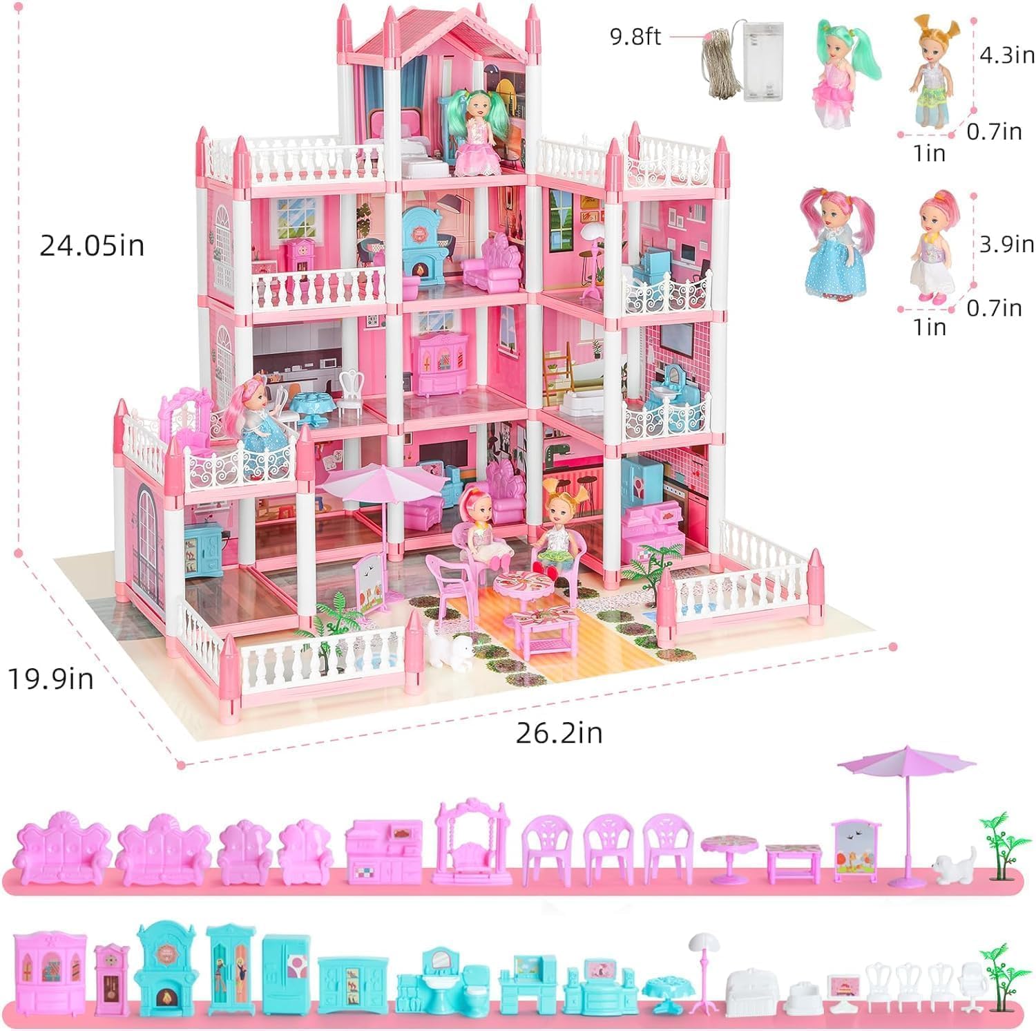 JETRA Dollhouse Villa Toys, Playset with LED Lights, Movable Slides, Stairs, Furniture, Accessories, Dolls and Pets, Cottage Pretend Play House, DIY Creative Gift for Girls Toddlers 6