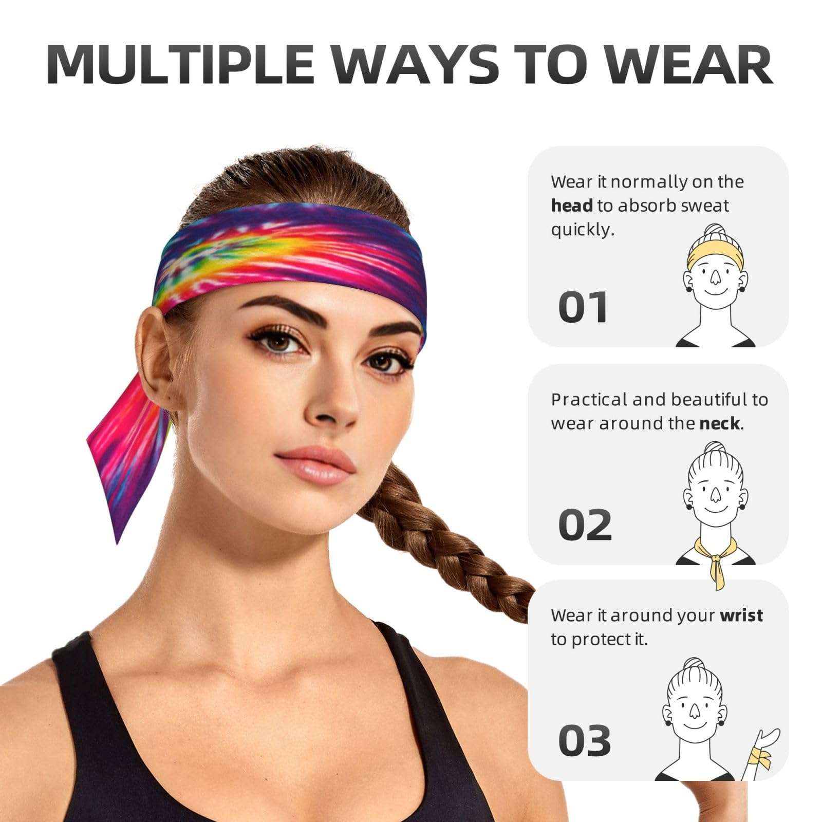 Btdsannb Sports Head Tie Hair Band Sweatband Rainbow Tie Dye Flex Tie Headband Unisex Wicking Head Tie for Running, Basketball, Workout, Soccer, Paintball, Exercise, Volleyball, 2.36 x 41 inch 5