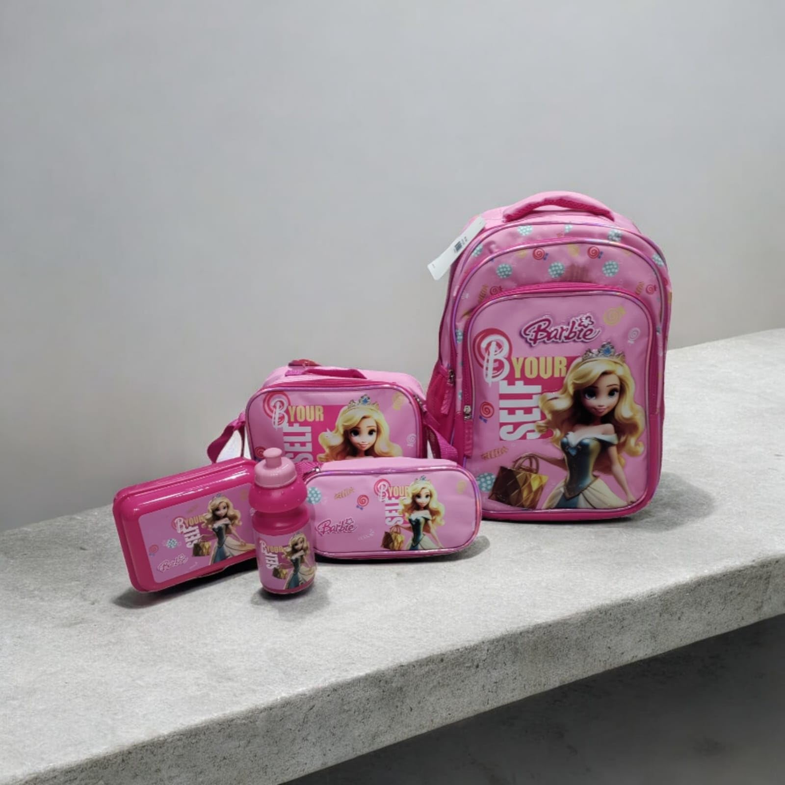 MT HUB 5 in 1 School Set Combo School Backpack, Lunch Bag, Pencil Case, Lunch Box & Waterbottle for Kids 1st to 5th Class Students (Set of 1) (BARBIE) 5