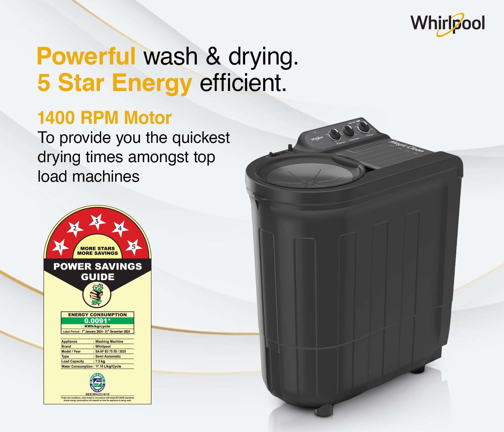Whirlpool 7.5 Kg 5 Star Magic Clean Semi-Automatic Top Loading Washing Machine (MAGIC CLEAN 7.5 GREY DAZZLE, Fast Drying) 3