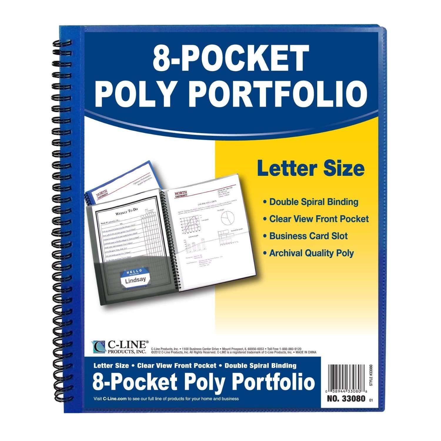 C-Line 8-Pocket Spiral-Bound Poly Portfolio, Letter Size, 1 Portfolio, Color May Vary (33080) 1