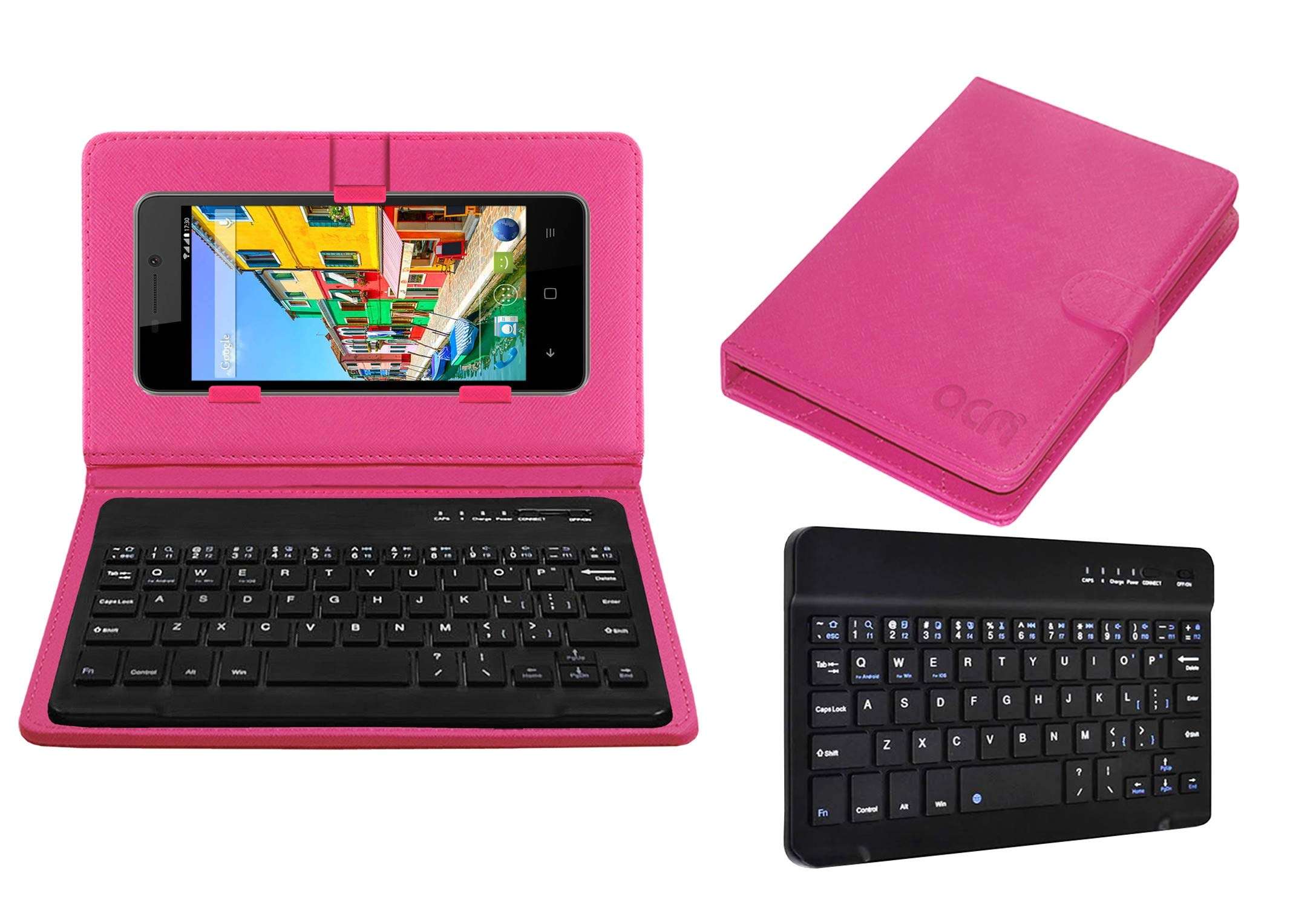 Acm Bluetooth Keyboard Case Compatible with Karbonn Titanium S35 Mobile Flip Cover Stand Study Gaming Pink 1