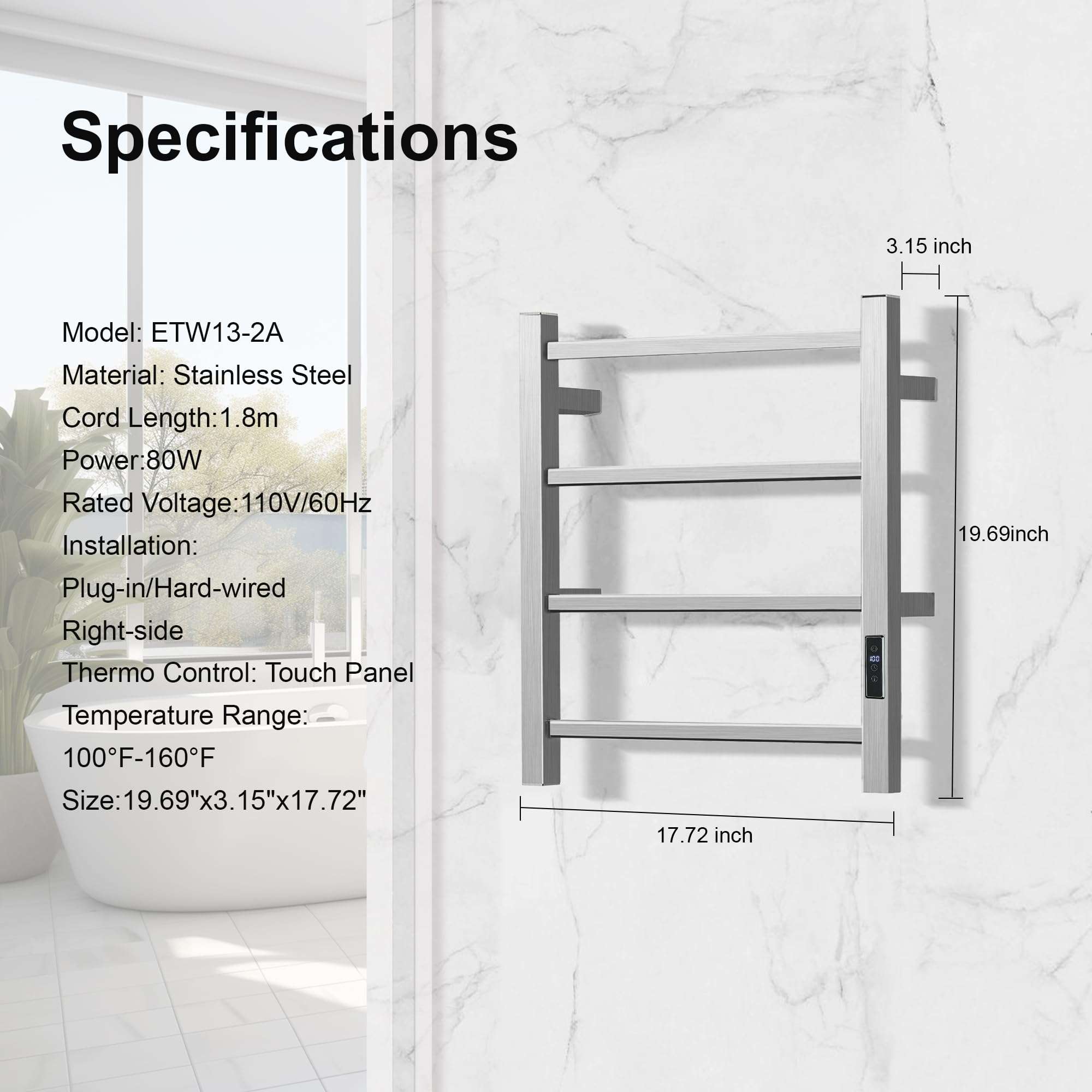 SHARNDY HARNDY Electric Towel Rack with Voice Control for Alexa & Google Home,TUYA - Wall-Mounted Bathroom Heating Towel Warmer,Plug-in,Stainless Steel Material (Square Brushed with Timer, 4 Bar) 4