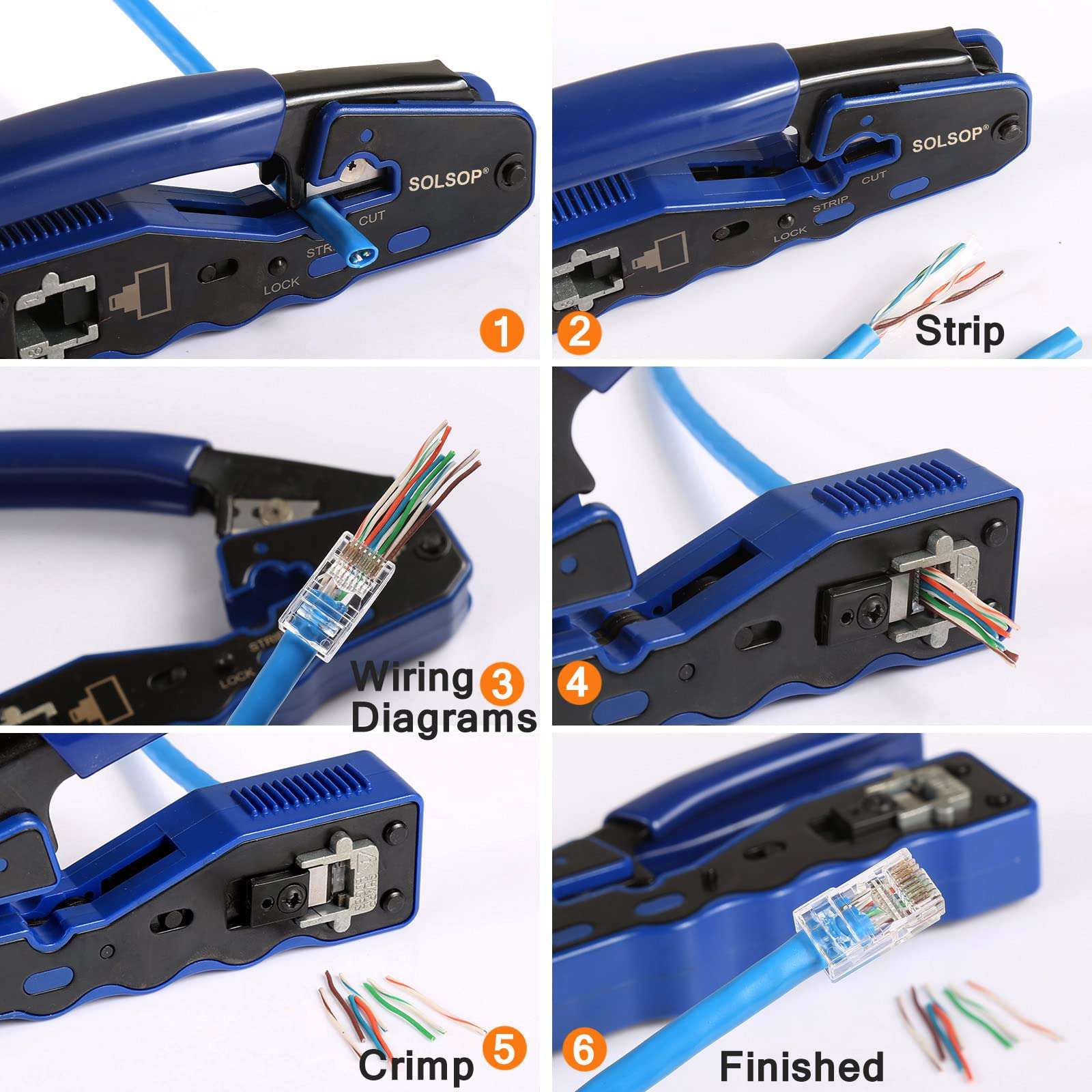 Solsop Network/Phone Cable Tester RJ45 Crimp Tool Pass Through Modular CAT6 Crimping Tool Kit, 50PCS CAT6 Pass Through Connectors, 50PCS RJ45 Boots, Mini Wire Stripper, Wire Cutter plier 5