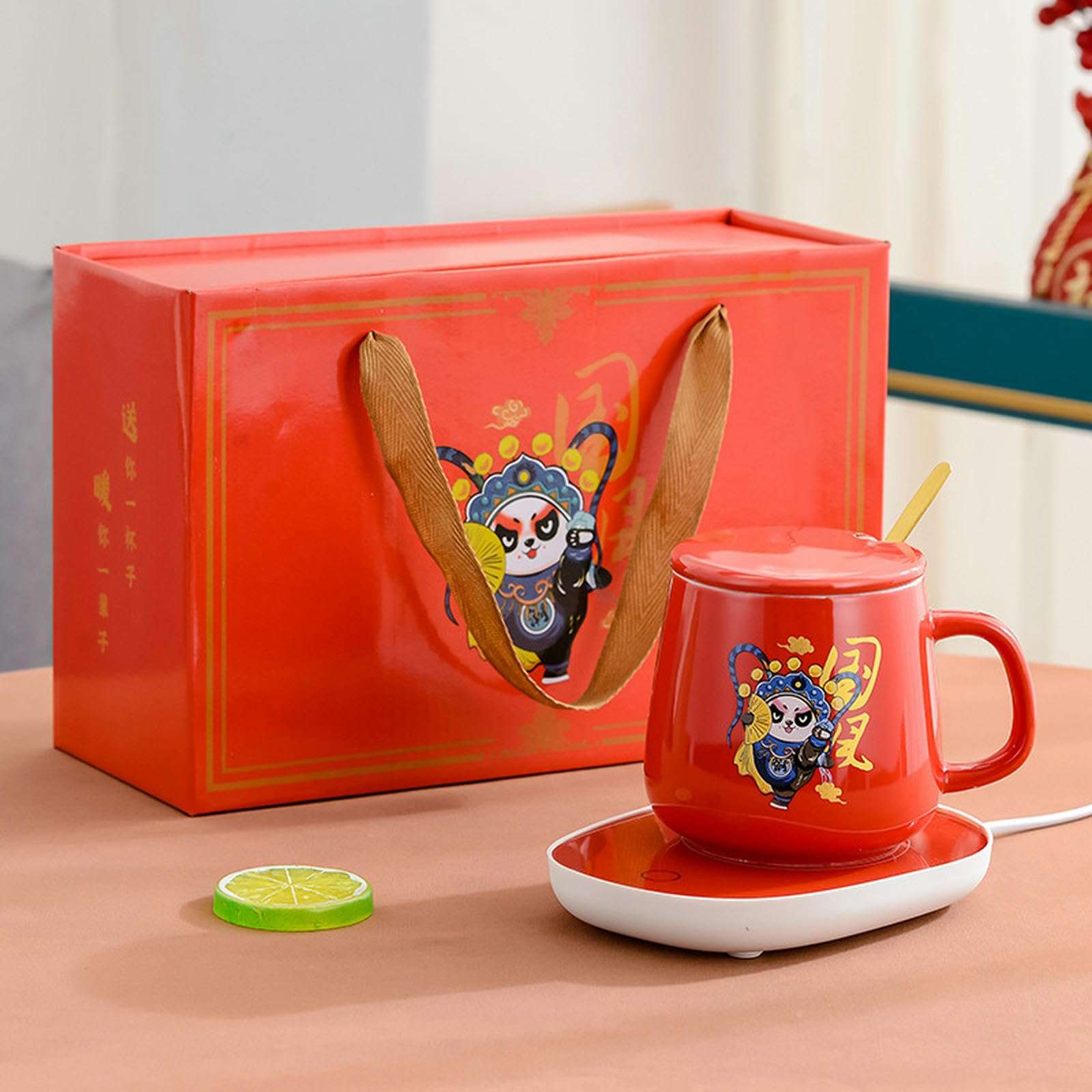CAPIJIONG 380ml Personalised Tiger Panda Creative 55 Degree Thermostatic cup with Gift Box Ceramic cup Office Coffee Mugs Suitable for office home restaurant-Panda Red Thermostat Mug + Mat,380ml 3