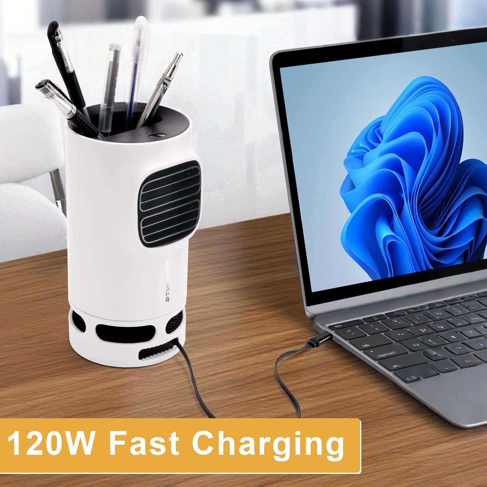 Pen Holder with Desktop Fan Charger Desk Organizer for Desk, 15W Fast Wireless Charger with Pen Holder for Home Office Supplies, Compatible with iPhone and Samsung 6