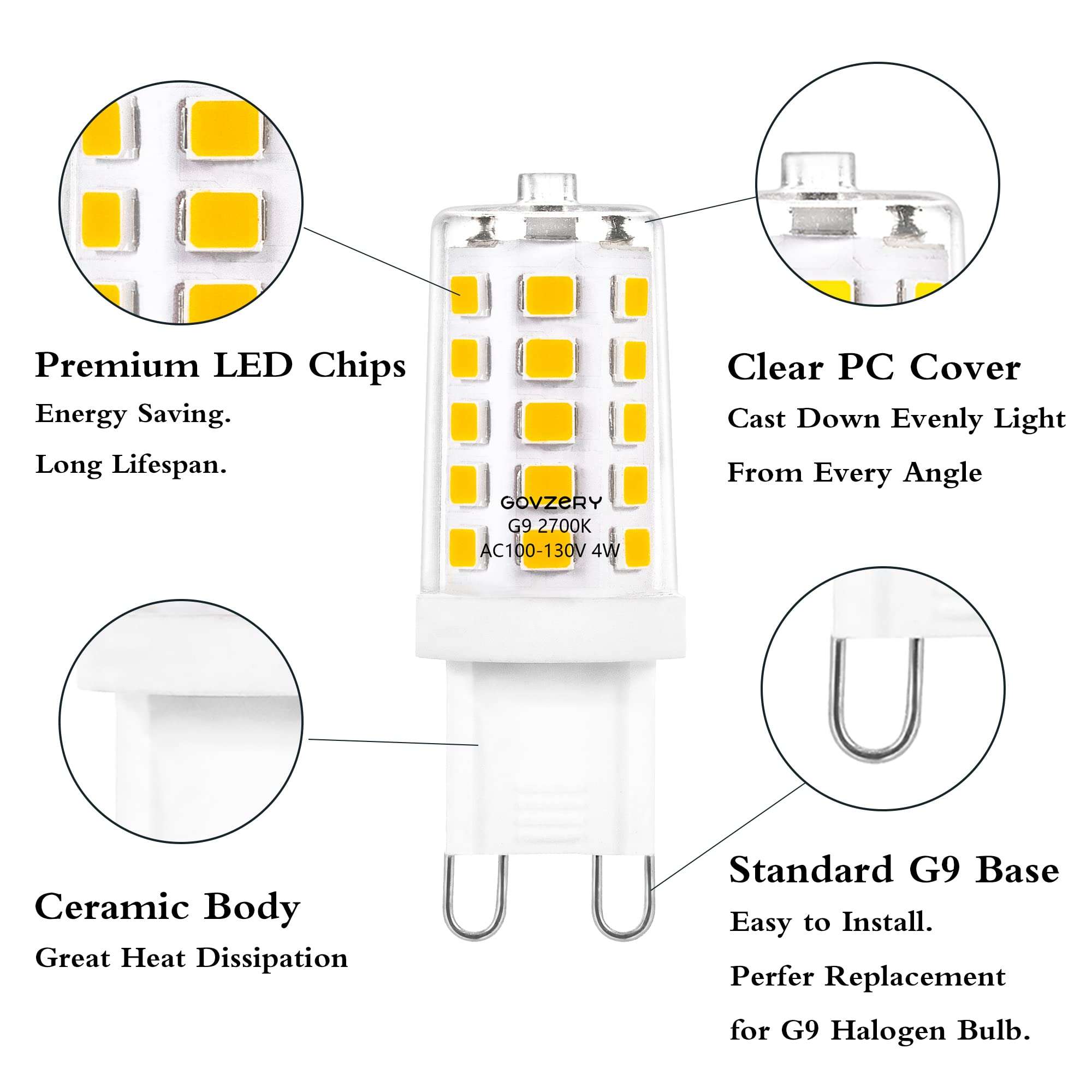 G9 LED Light Bulb Dimmable 2700K Warm White G9 Ceramic Lamp Bulb 4W Equivalent to 40W Halogen Bulb,AC120V(AC100-130V ) 450 Lumens No-Flicker,for G9 Base Chandelier Bulbs Replacement,Pack of 12 5
