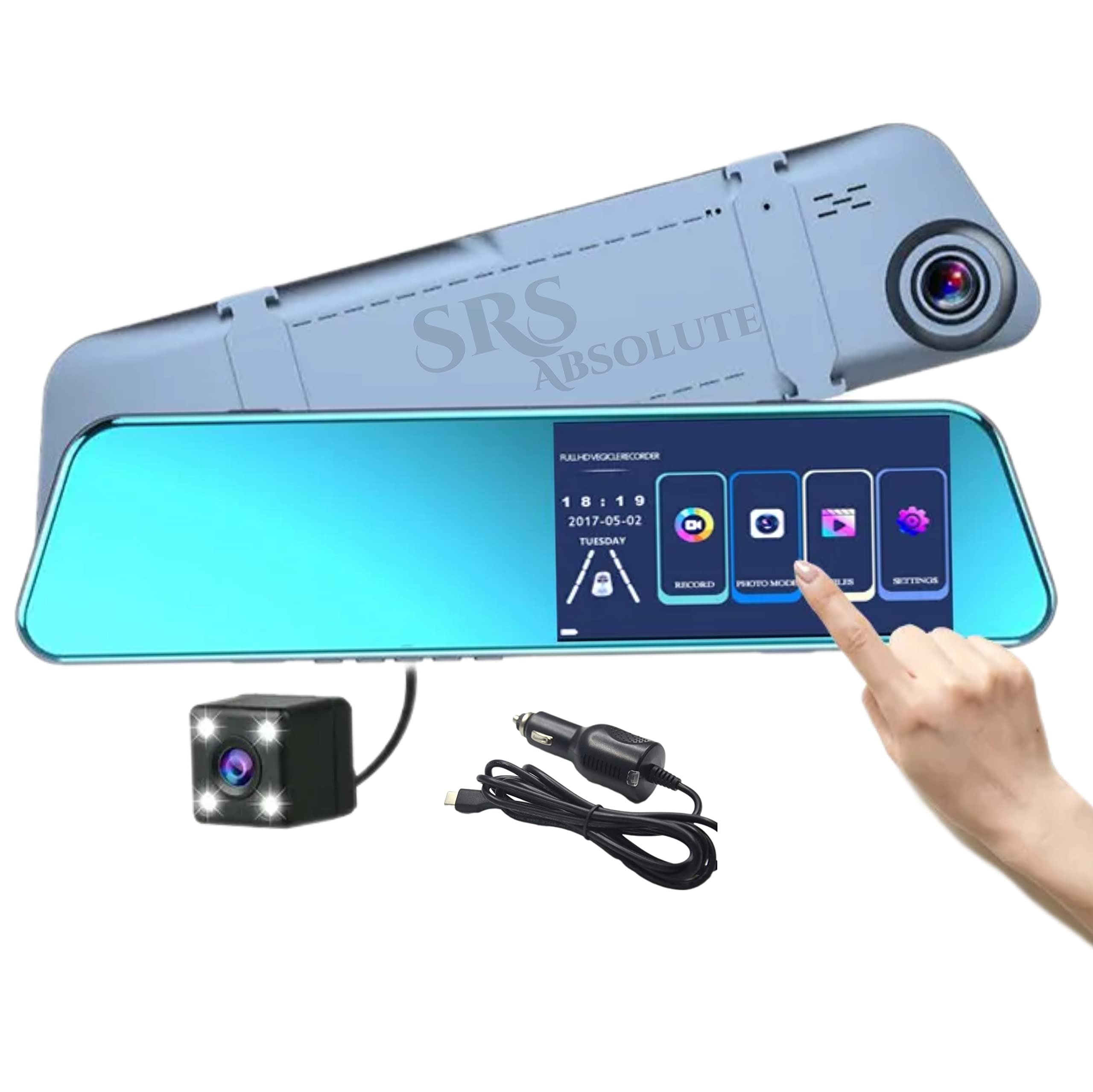 SRS 12" FullHD BlueCut Touchscreen Mirror Dash Cam with G-Sensor Loop Record Inbuilt Battery 10MegaPixel HDR Camera Multiple Display Modes Parking Monitor Night Vision Waterproof Lightweight Full Set